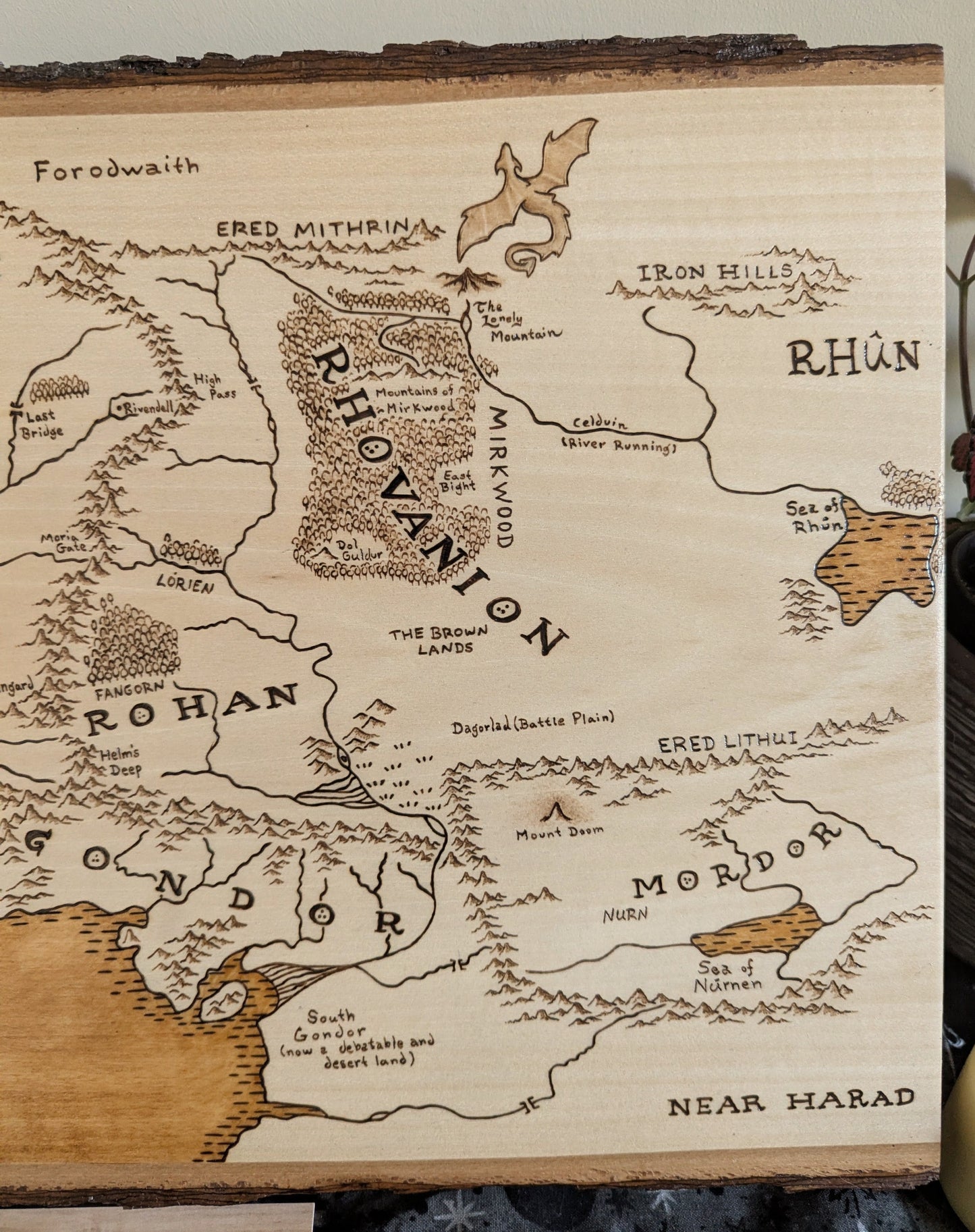 'The Realm of Middle Earth' Map, Pyrography Map Desk/Wall Art Large