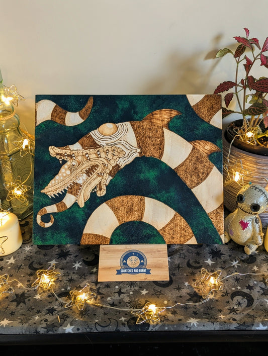 Beetlejuice Sandworm Pyrography w/ Acrylics on Wood, Desk/Wall Art