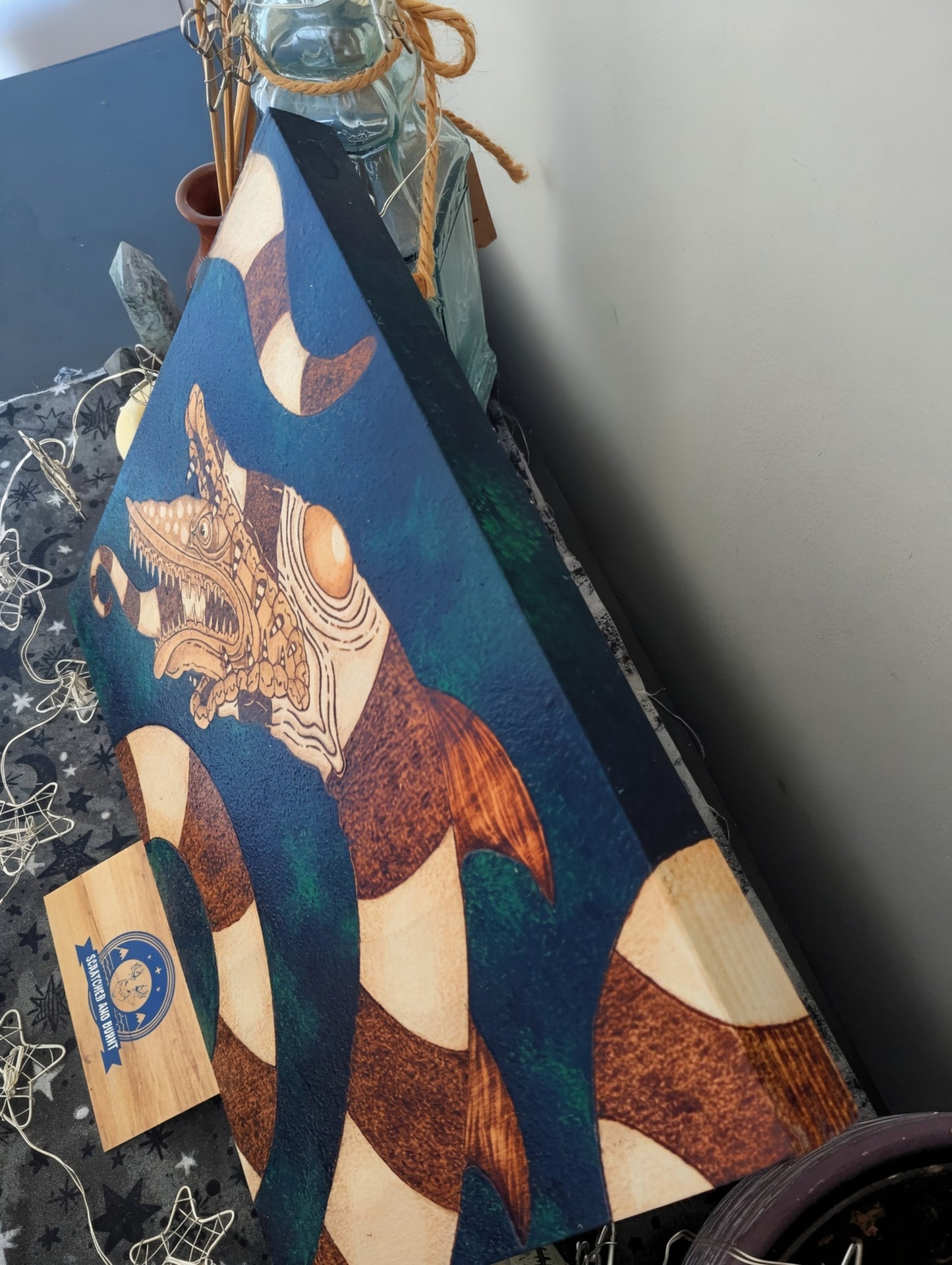 Beetlejuice Sandworm Pyrography w/ Acrylics on Wood, Desk/Wall Art