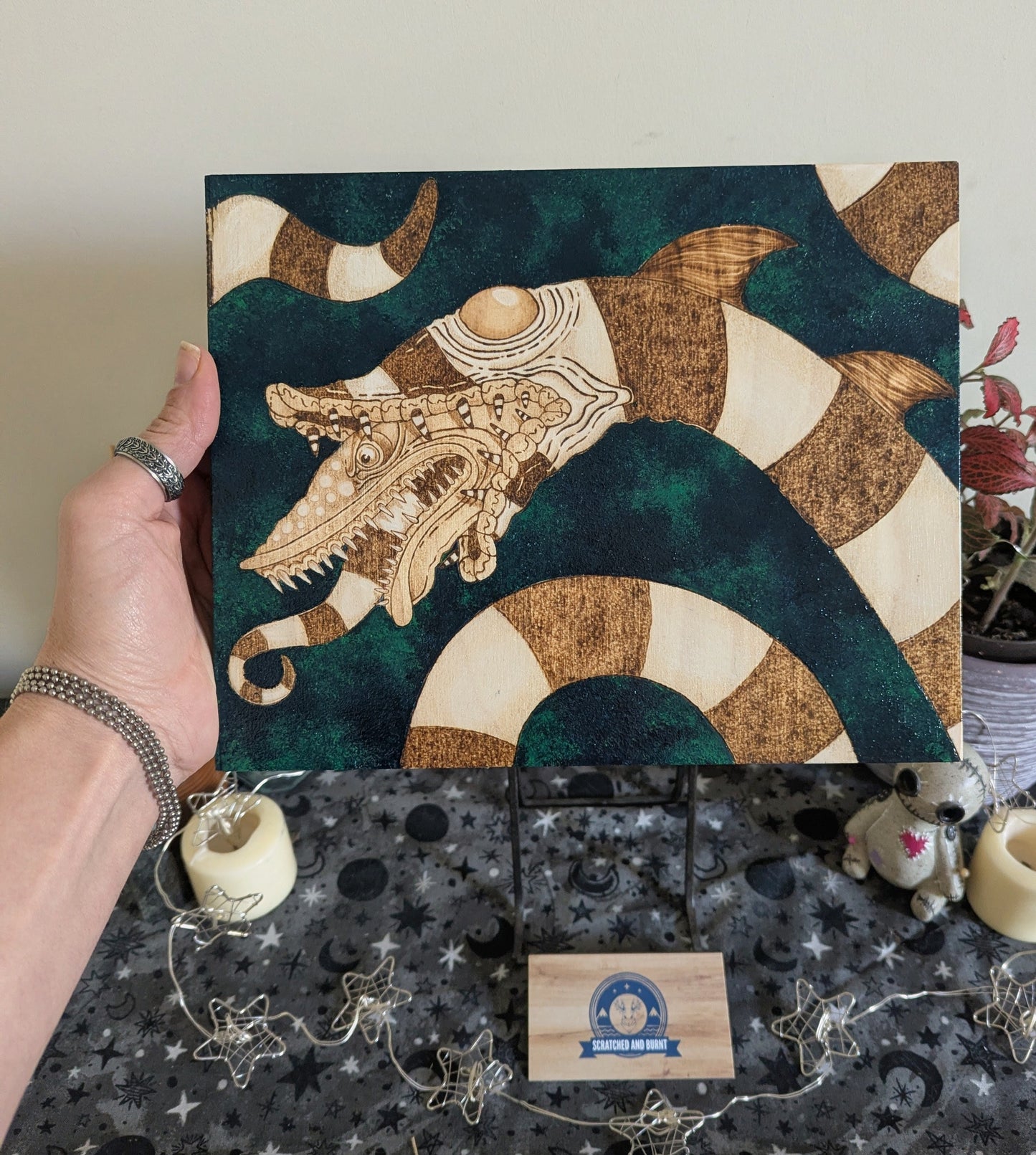 Beetlejuice Sandworm Pyrography w/ Acrylics on Wood, Desk/Wall Art