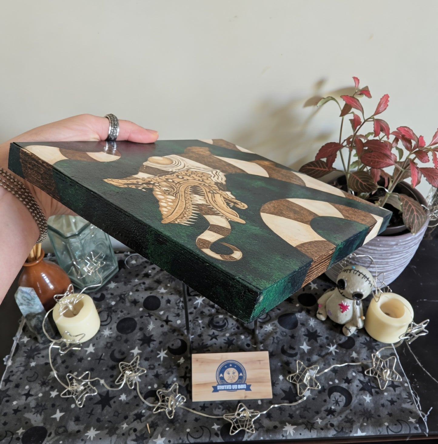 Beetlejuice Sandworm Pyrography w/ Acrylics on Wood, Desk/Wall Art