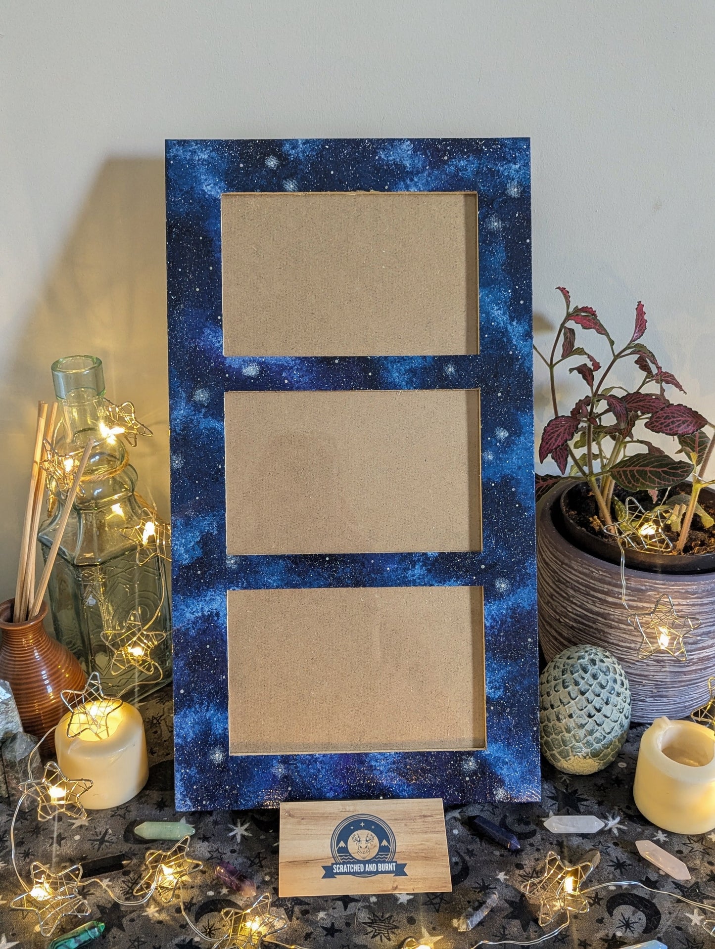 Blue Galaxy Themed 3 Slot Picture Frame, Painted Acrylic