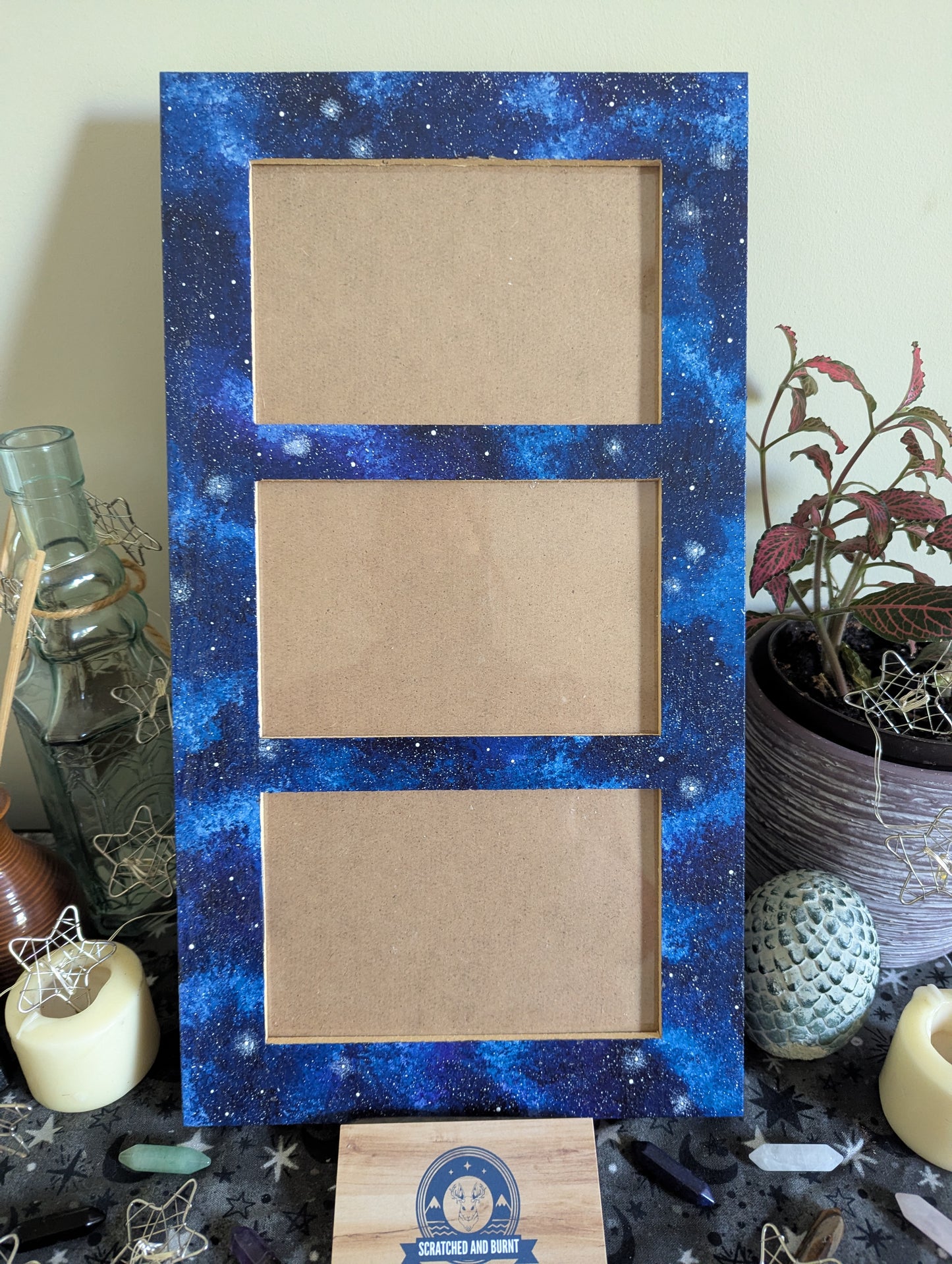 Blue Galaxy Themed 3 Slot Picture Frame, Painted Acrylic