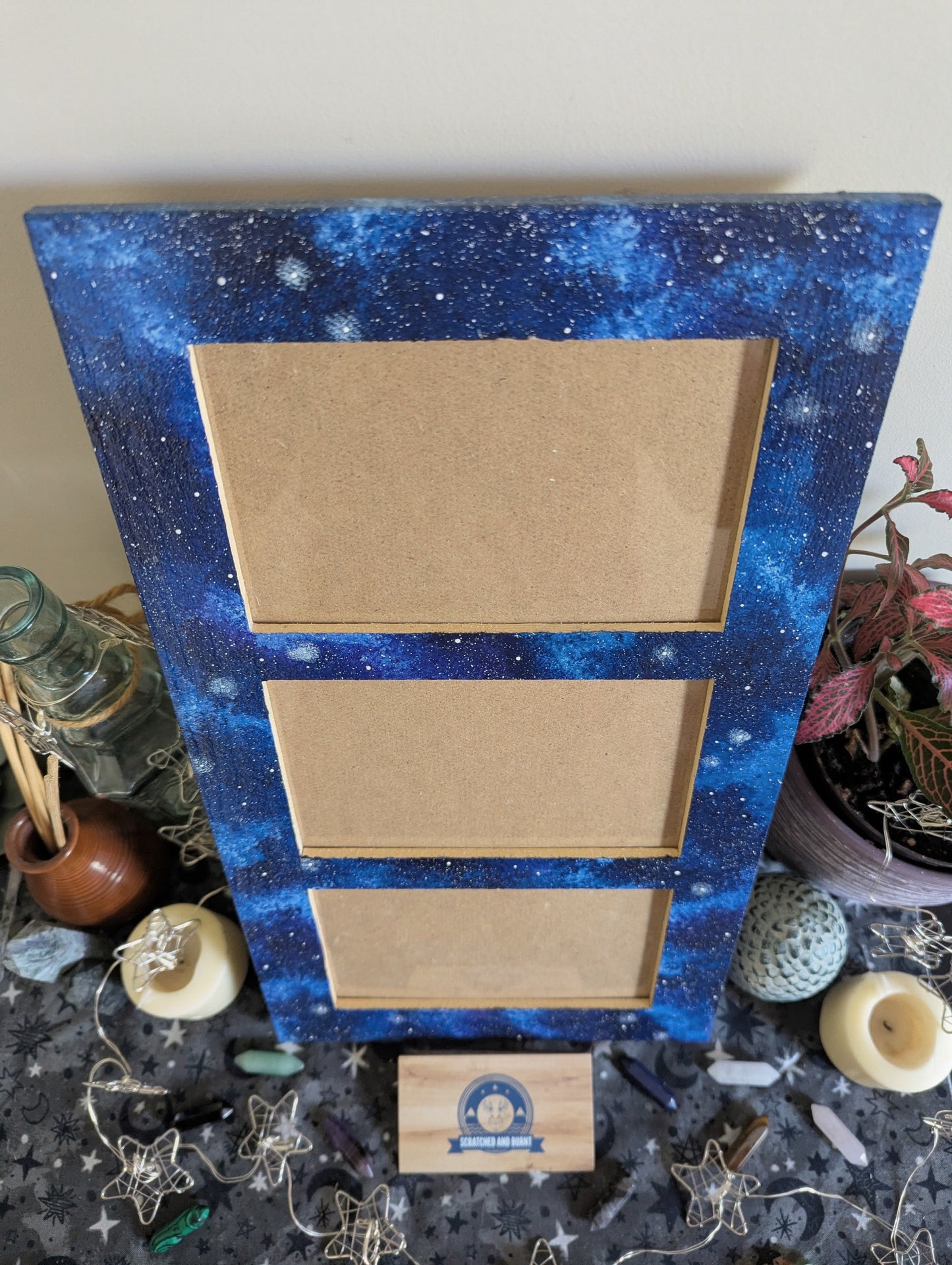 Blue Galaxy Themed 3 Slot Picture Frame, Painted Acrylic
