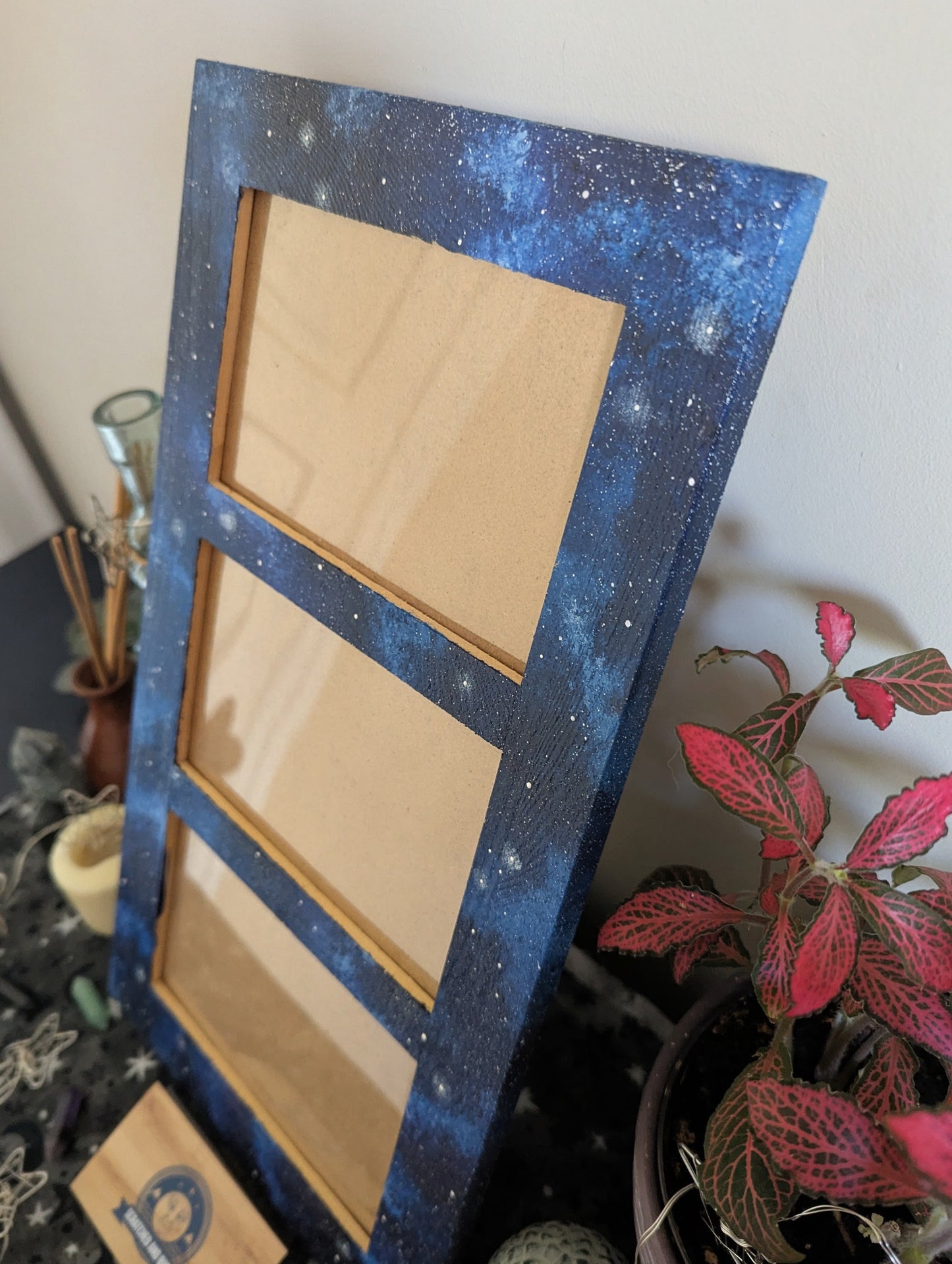 Blue Galaxy Themed 3 Slot Picture Frame, Painted Acrylic
