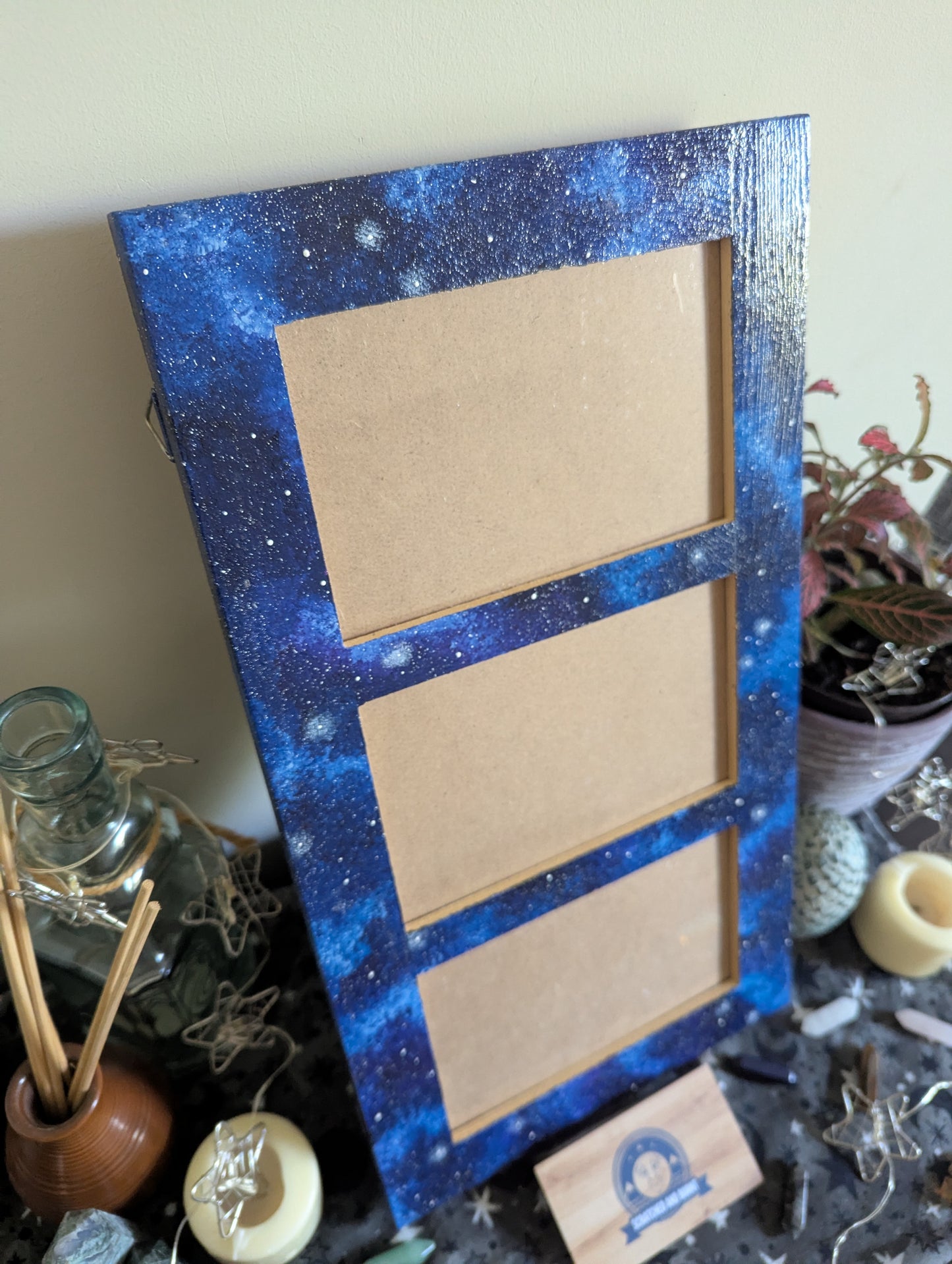 Blue Galaxy Themed 3 Slot Picture Frame, Painted Acrylic