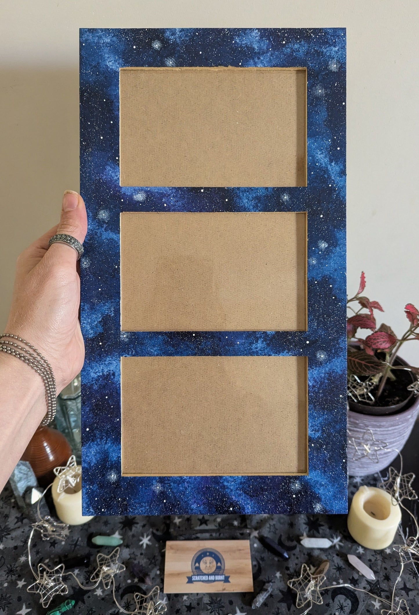 Blue Galaxy Themed 3 Slot Picture Frame, Painted Acrylic