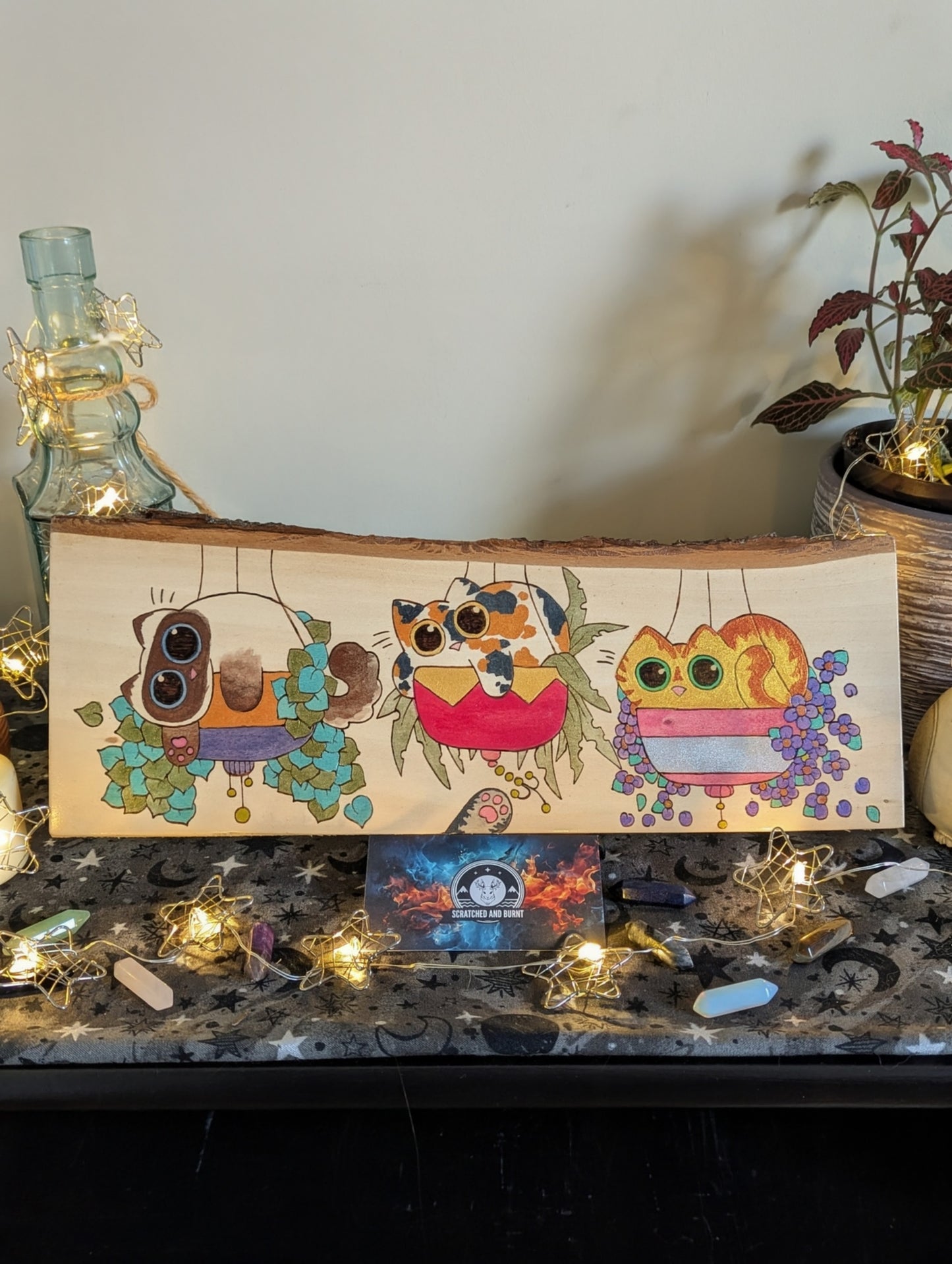 Cats in Plants, the Hanging Cat Trio, Pyrography, Watercolors on Wood, Desk/Wall Art