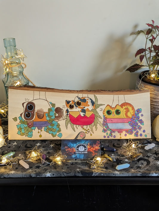 Cats in Plants, the Hanging Cat Trio, Pyrography, Watercolors on Wood, Desk/Wall Art