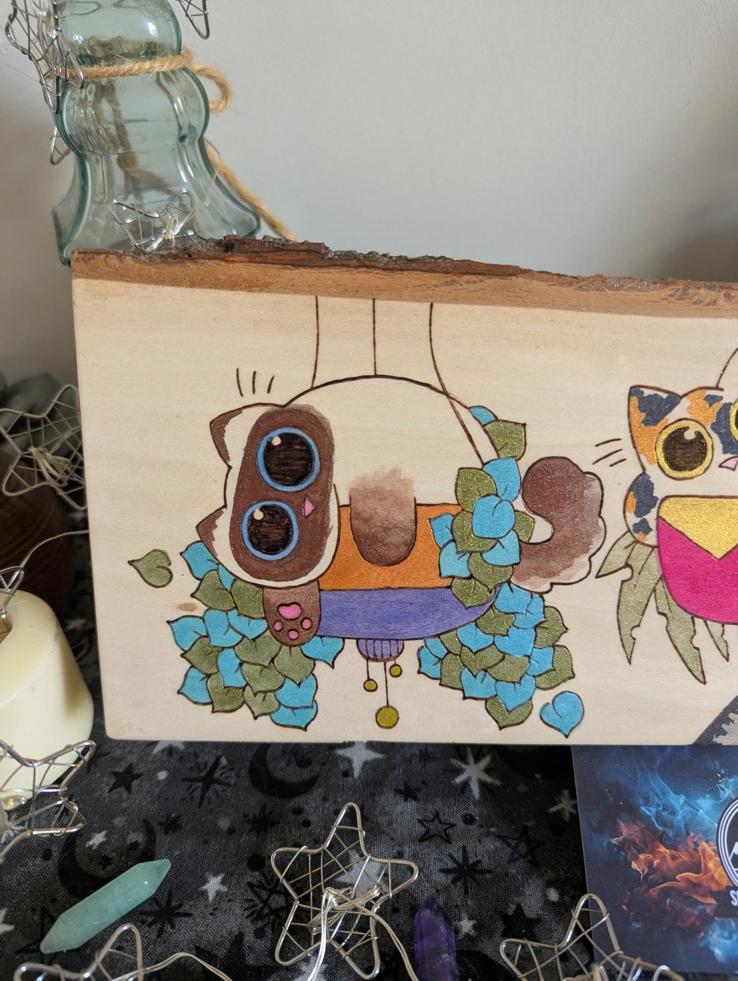 Cats in Plants, the Hanging Cat Trio, Pyrography, Watercolors on Wood, Desk/Wall Art