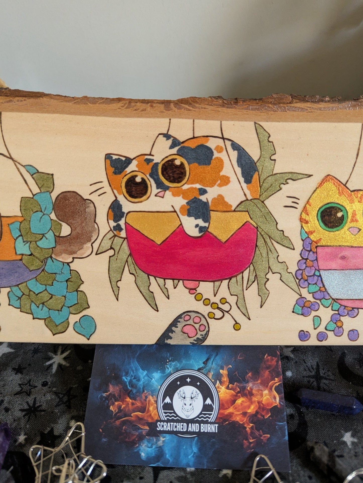 Cats in Plants, the Hanging Cat Trio, Pyrography, Watercolors on Wood, Desk/Wall Art