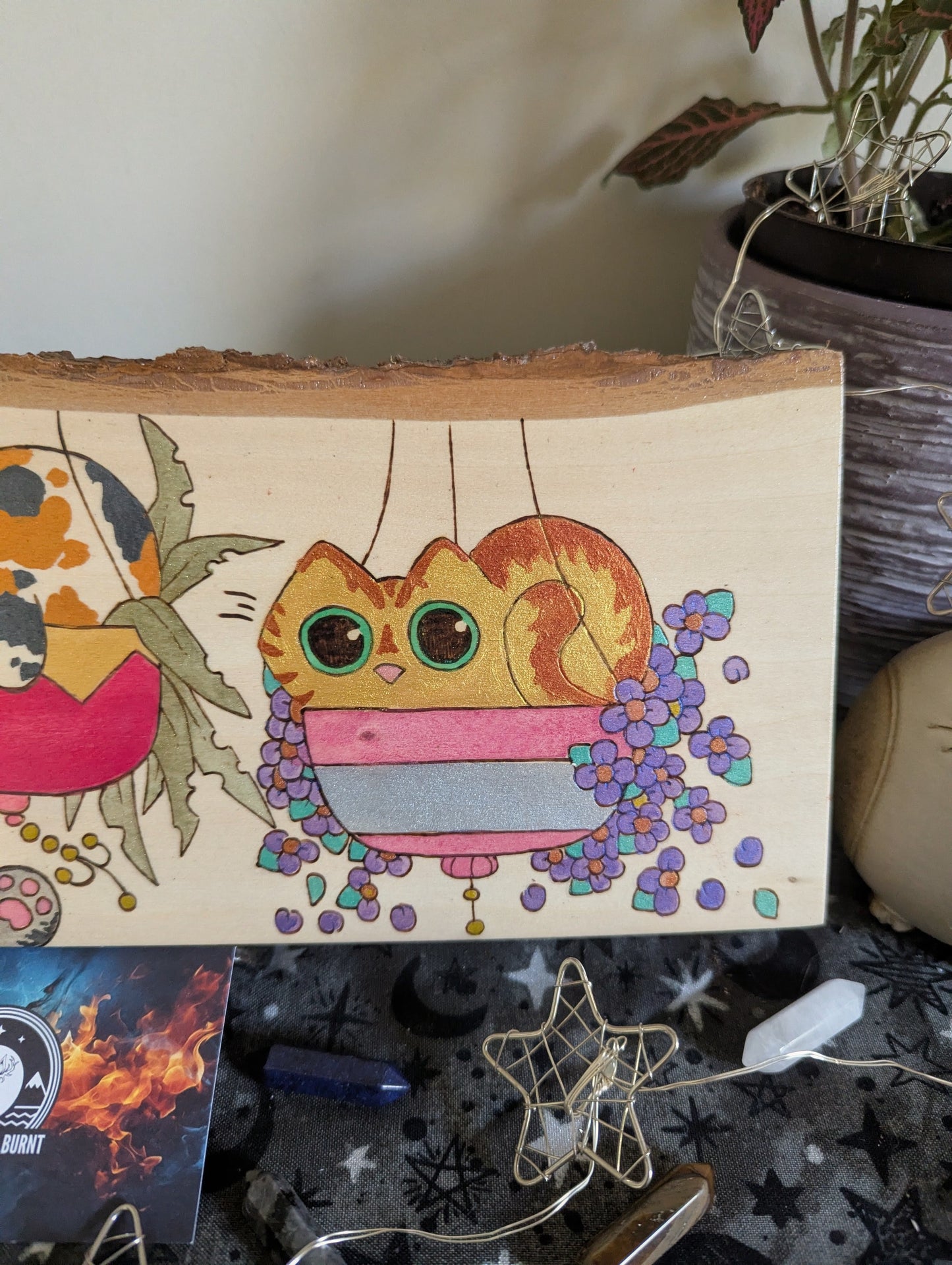 Cats in Plants, the Hanging Cat Trio, Pyrography, Watercolors on Wood, Desk/Wall Art