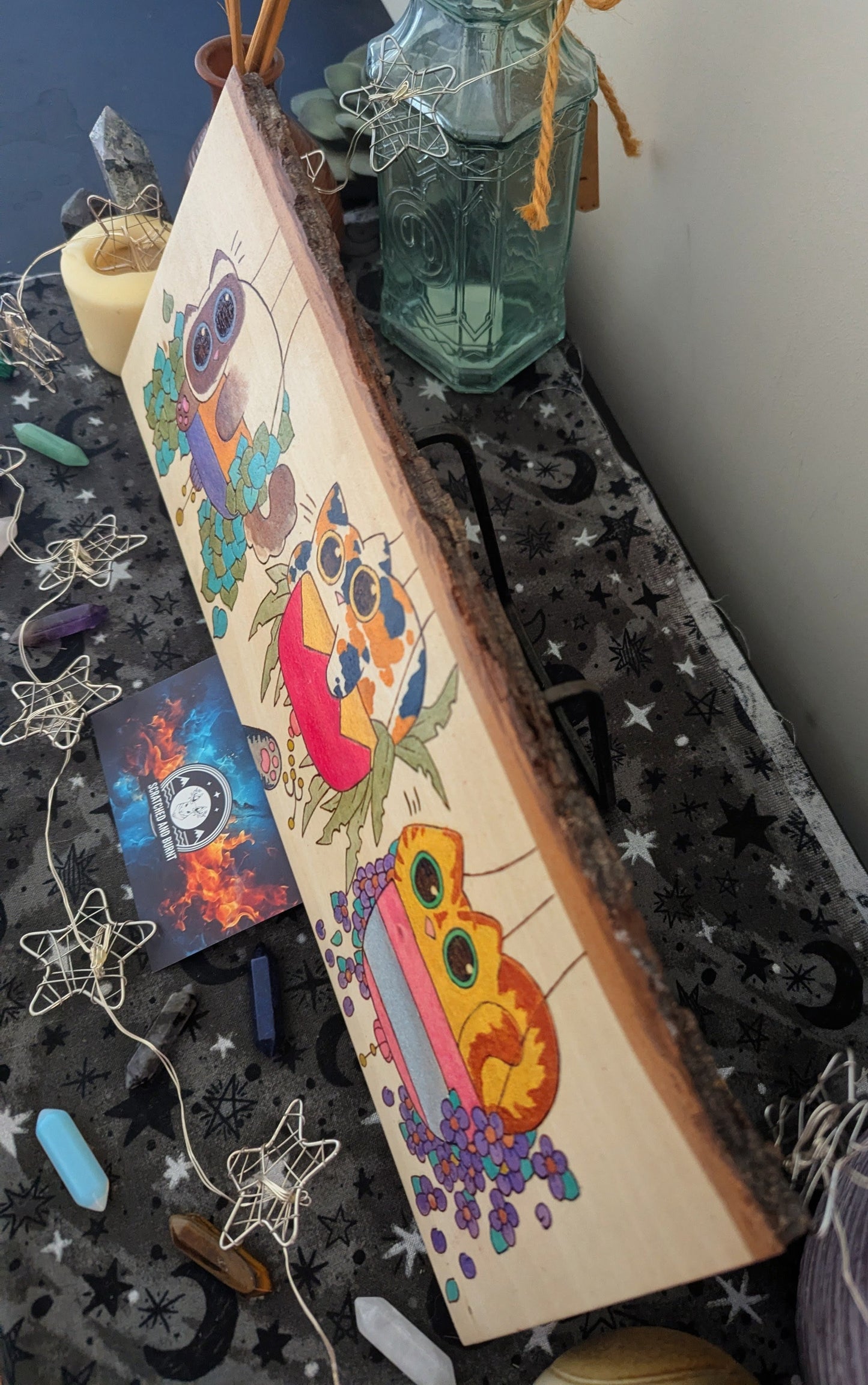 Cats in Plants, the Hanging Cat Trio, Pyrography, Watercolors on Wood, Desk/Wall Art