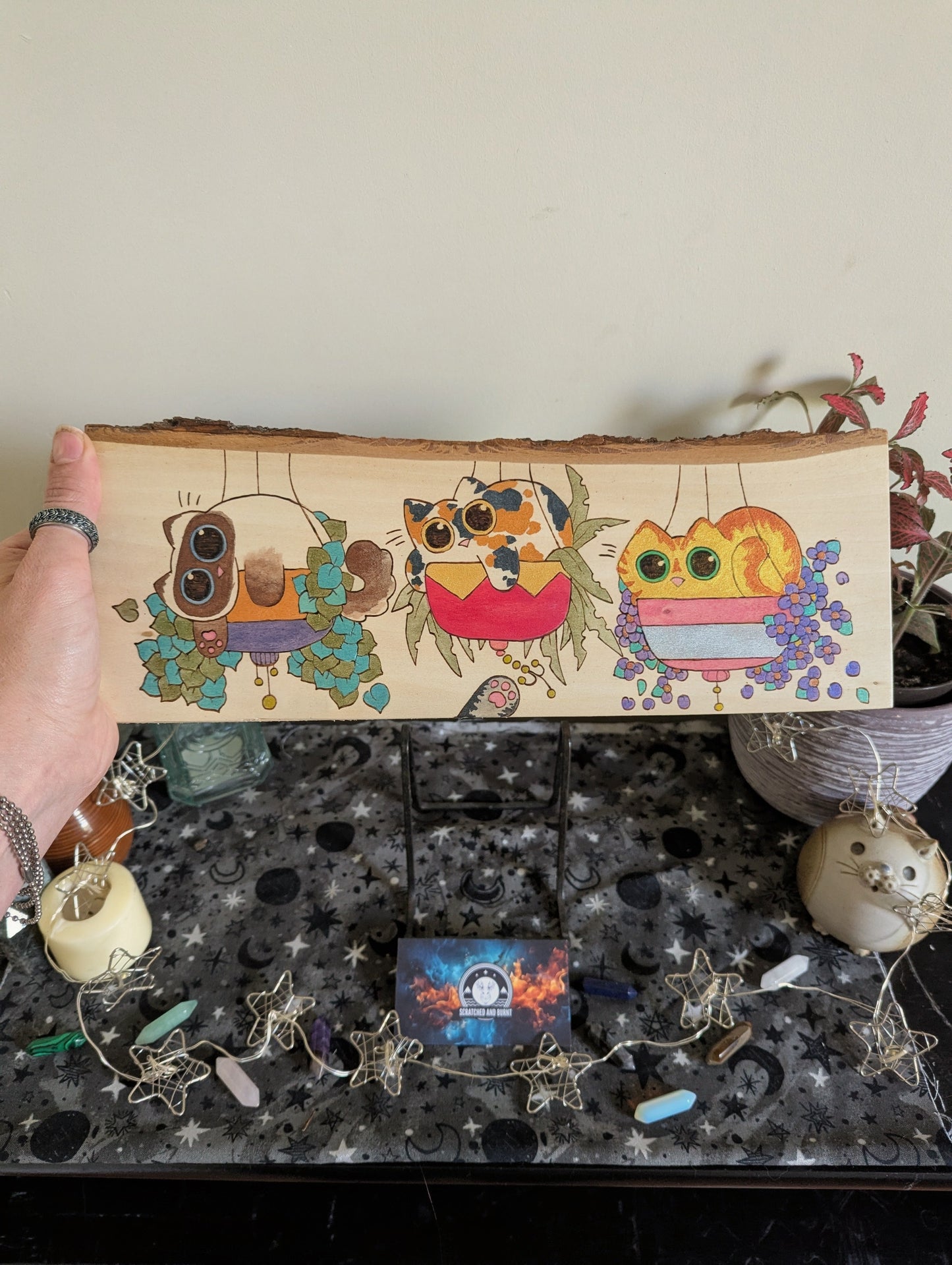 Cats in Plants, the Hanging Cat Trio, Pyrography, Watercolors on Wood, Desk/Wall Art