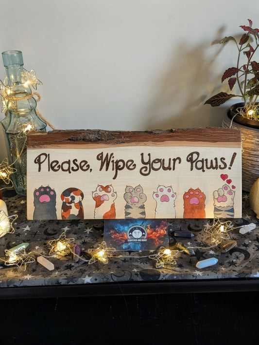 Please, Wipe Your Paws! Colorful Paws, Pyrography, Watercolors on Wood, Desk/Wall Art