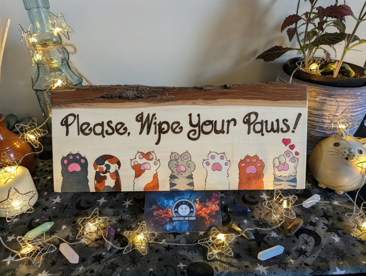 Please, Wipe Your Paws! Colorful Paws, Pyrography, Watercolors on Wood, Desk/Wall Art