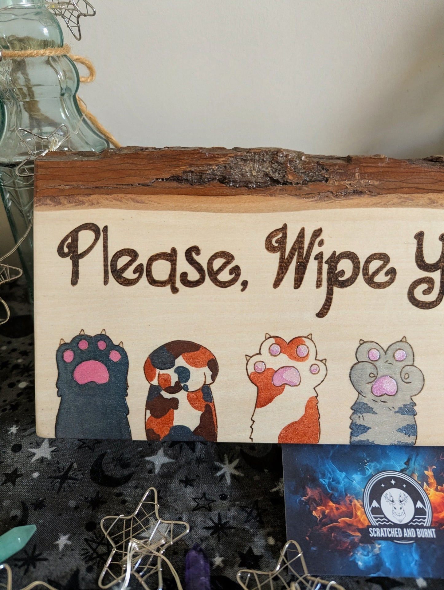 Please, Wipe Your Paws! Colorful Paws, Pyrography, Watercolors on Wood, Desk/Wall Art