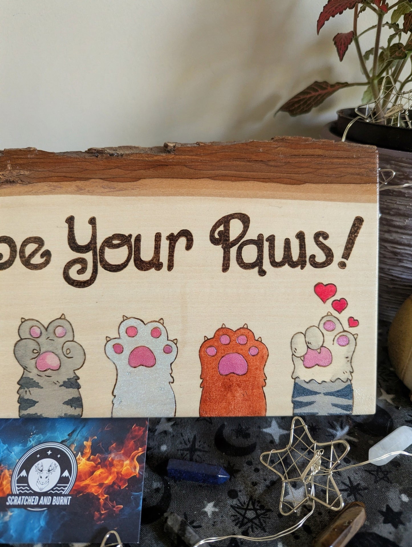 Please, Wipe Your Paws! Colorful Paws, Pyrography, Watercolors on Wood, Desk/Wall Art