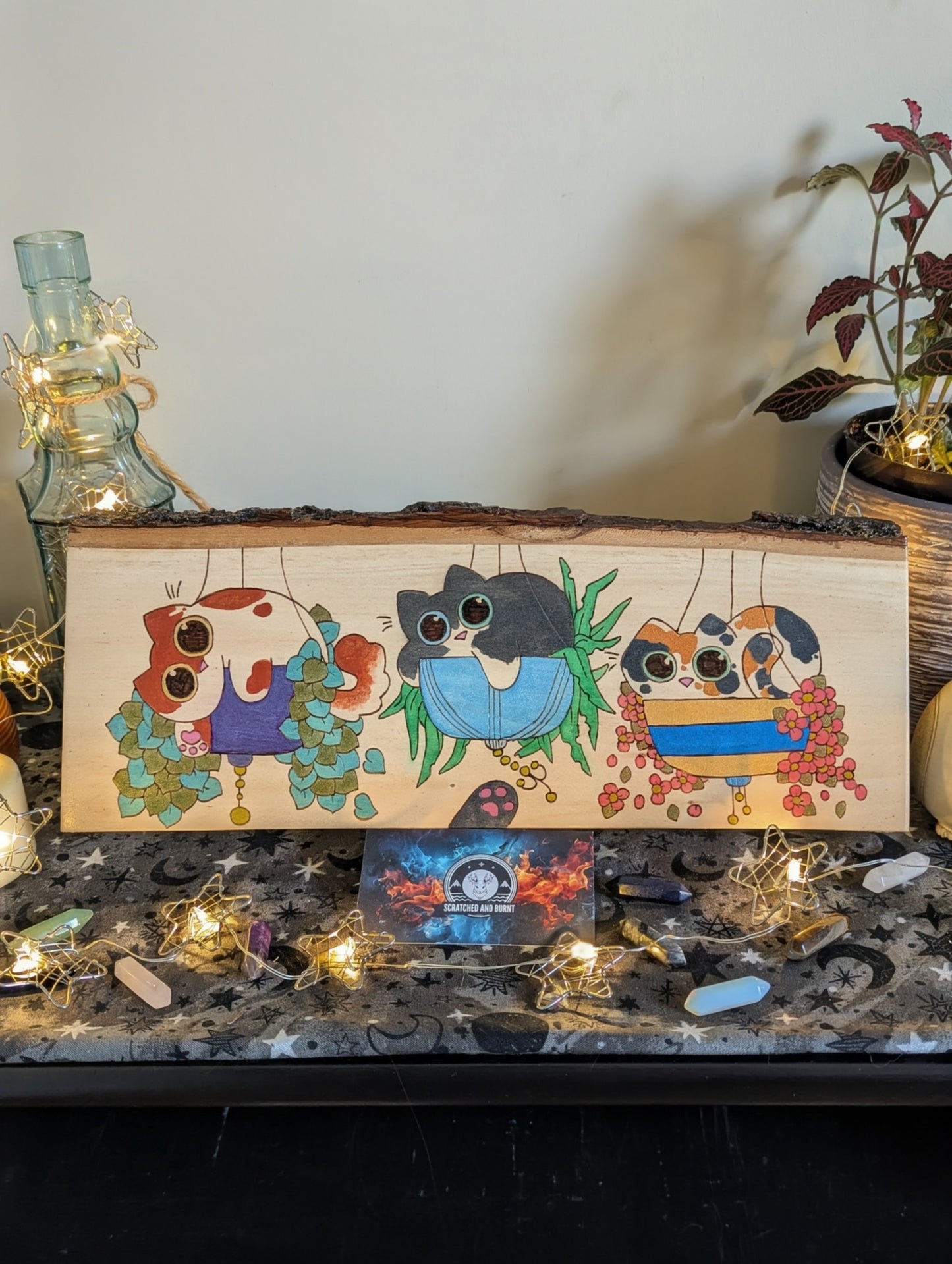 Cats in Plants, the Hanging Cat Trio, Pyrography, Watercolors on Wood, Desk/Wall Art