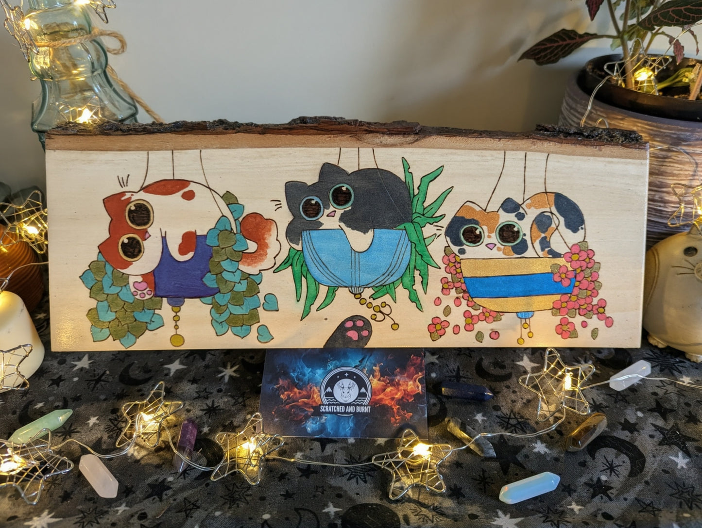 Cats in Plants, the Hanging Cat Trio, Pyrography, Watercolors on Wood, Desk/Wall Art