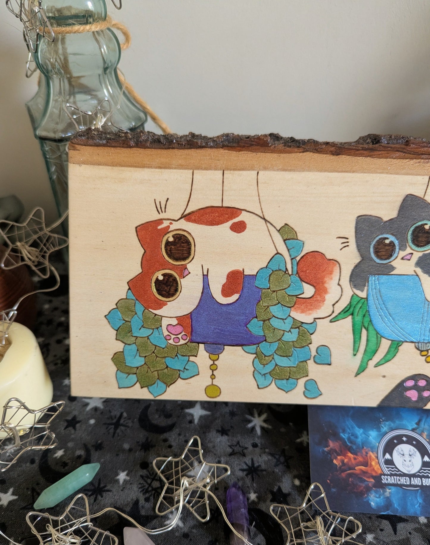 Cats in Plants, the Hanging Cat Trio, Pyrography, Watercolors on Wood, Desk/Wall Art