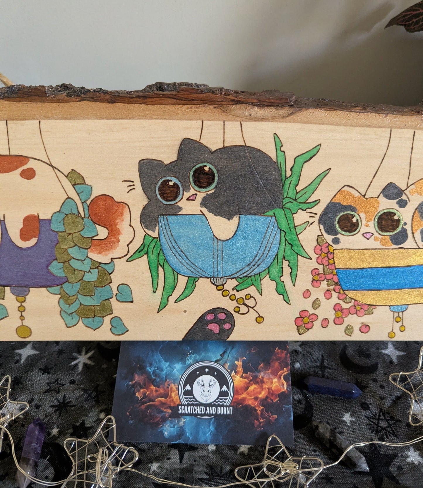 Cats in Plants, the Hanging Cat Trio, Pyrography, Watercolors on Wood, Desk/Wall Art