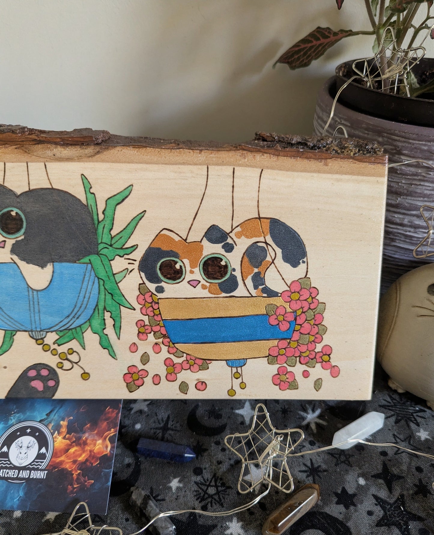 Cats in Plants, the Hanging Cat Trio, Pyrography, Watercolors on Wood, Desk/Wall Art