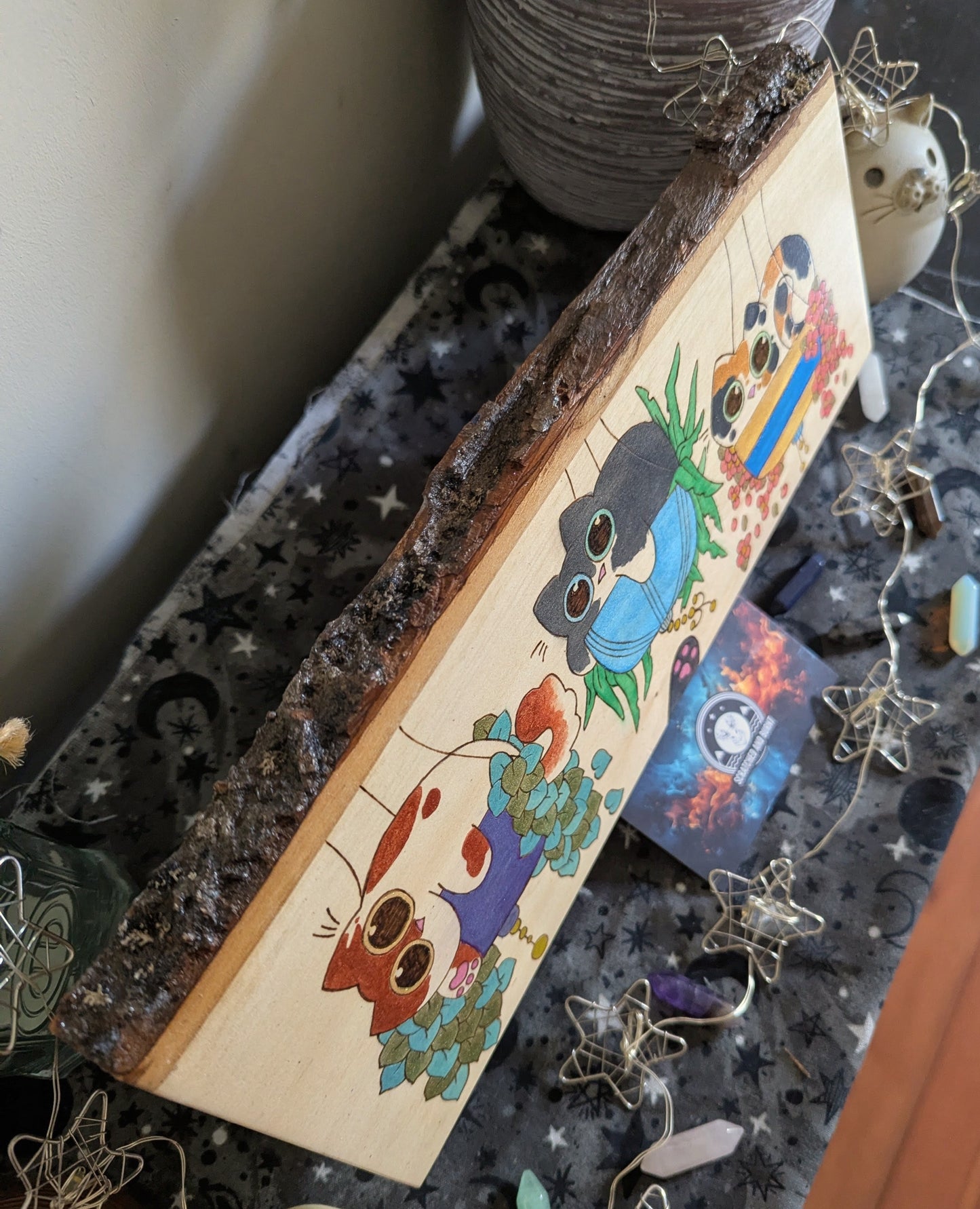 Cats in Plants, the Hanging Cat Trio, Pyrography, Watercolors on Wood, Desk/Wall Art