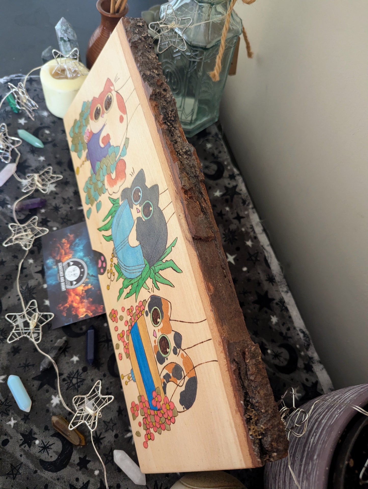 Cats in Plants, the Hanging Cat Trio, Pyrography, Watercolors on Wood, Desk/Wall Art