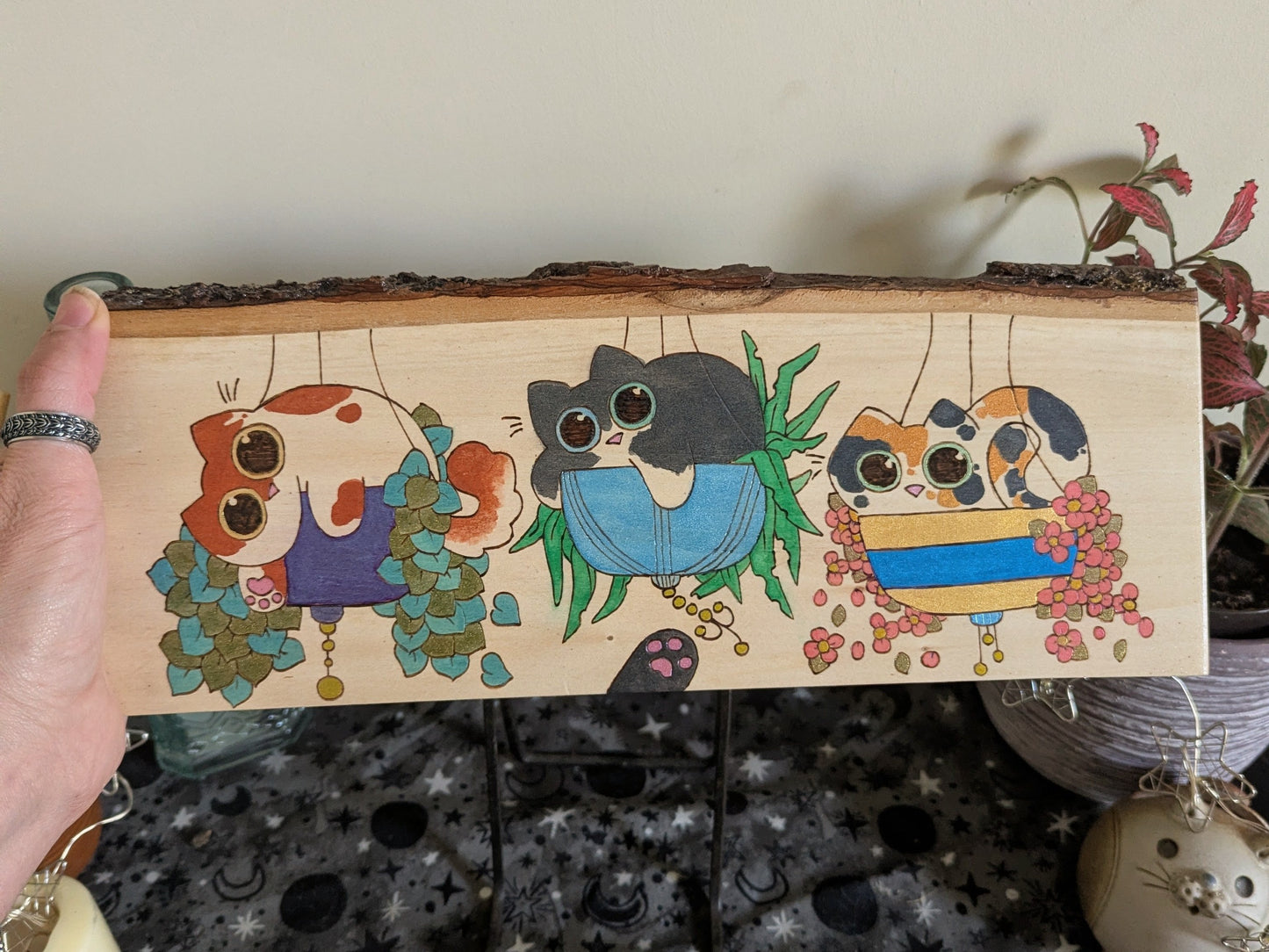 Cats in Plants, the Hanging Cat Trio, Pyrography, Watercolors on Wood, Desk/Wall Art