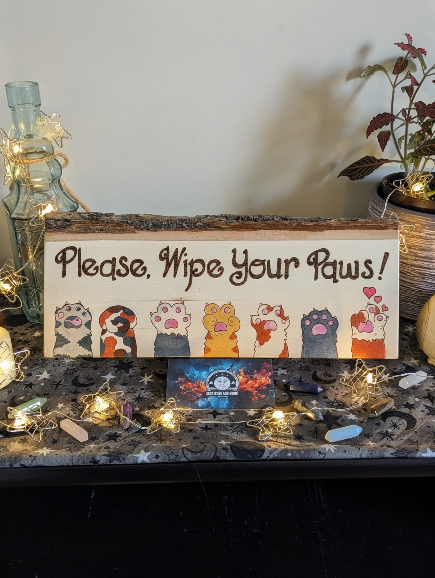 Please, Wipe Your Paws! Colorful Paws, Pyrography, Watercolors on Wood, Desk/Wall Art