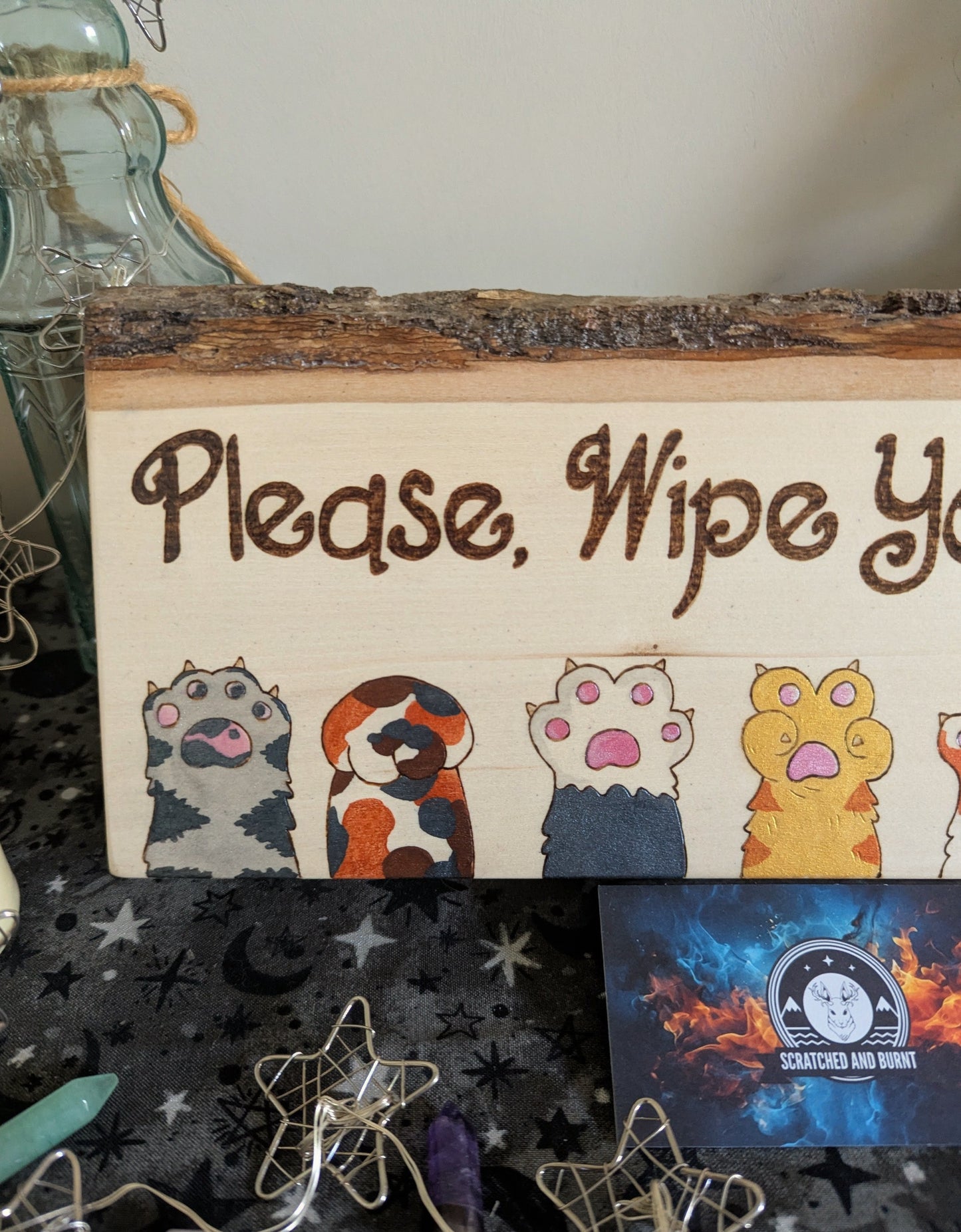 Please, Wipe Your Paws! Colorful Paws, Pyrography, Watercolors on Wood, Desk/Wall Art