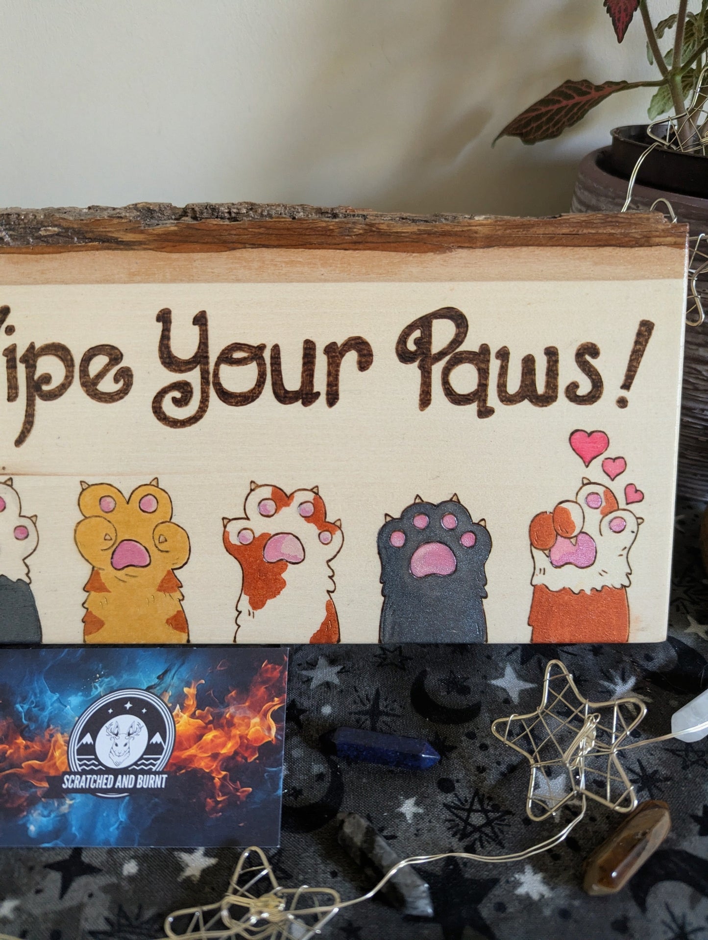 Please, Wipe Your Paws! Colorful Paws, Pyrography, Watercolors on Wood, Desk/Wall Art