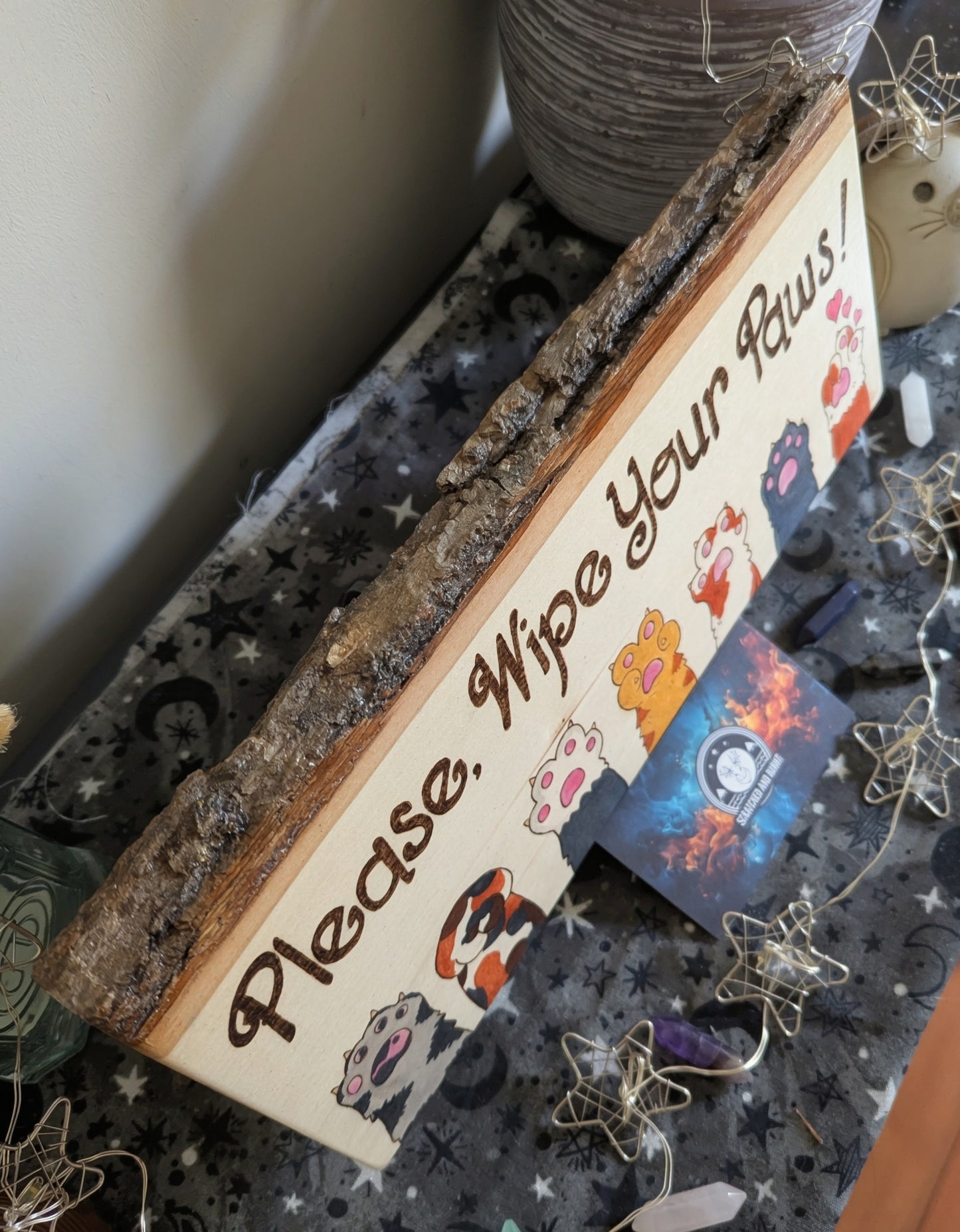 Please, Wipe Your Paws! Colorful Paws, Pyrography, Watercolors on Wood, Desk/Wall Art