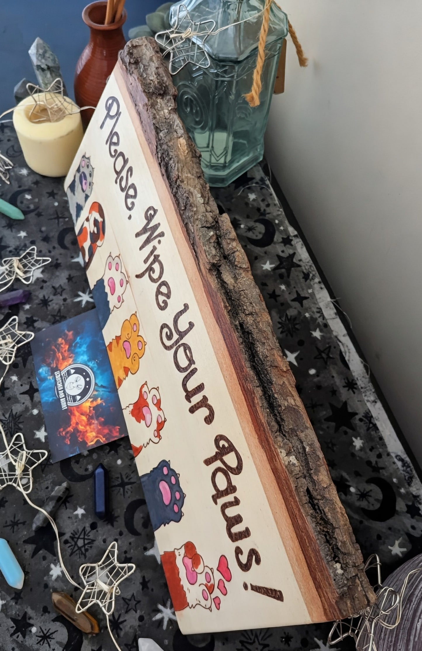 Please, Wipe Your Paws! Colorful Paws, Pyrography, Watercolors on Wood, Desk/Wall Art