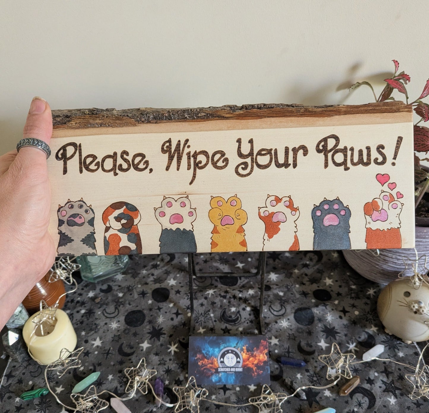 Please, Wipe Your Paws! Colorful Paws, Pyrography, Watercolors on Wood, Desk/Wall Art