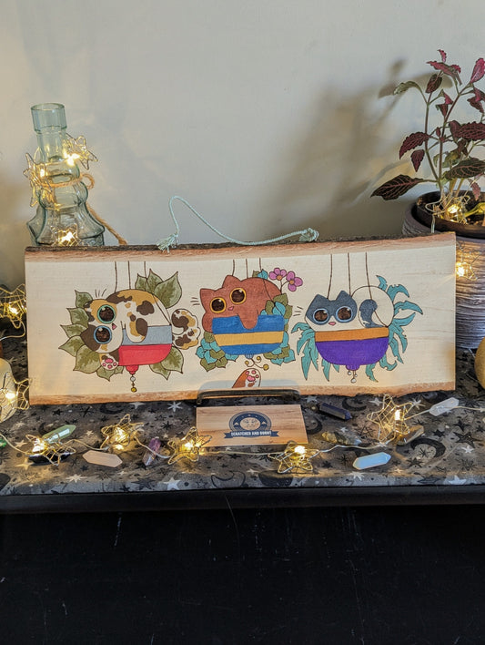 Cats in Plants, the Hanging Cat Trio, Pyrography, Watercolors on Wood, Desk/Wall Art