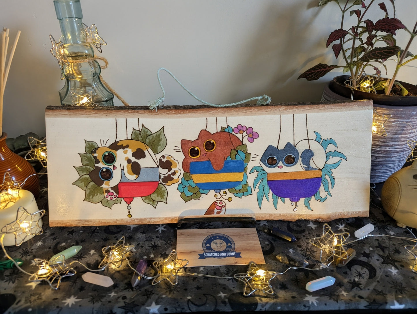 Cats in Plants, the Hanging Cat Trio, Pyrography, Watercolors on Wood, Desk/Wall Art