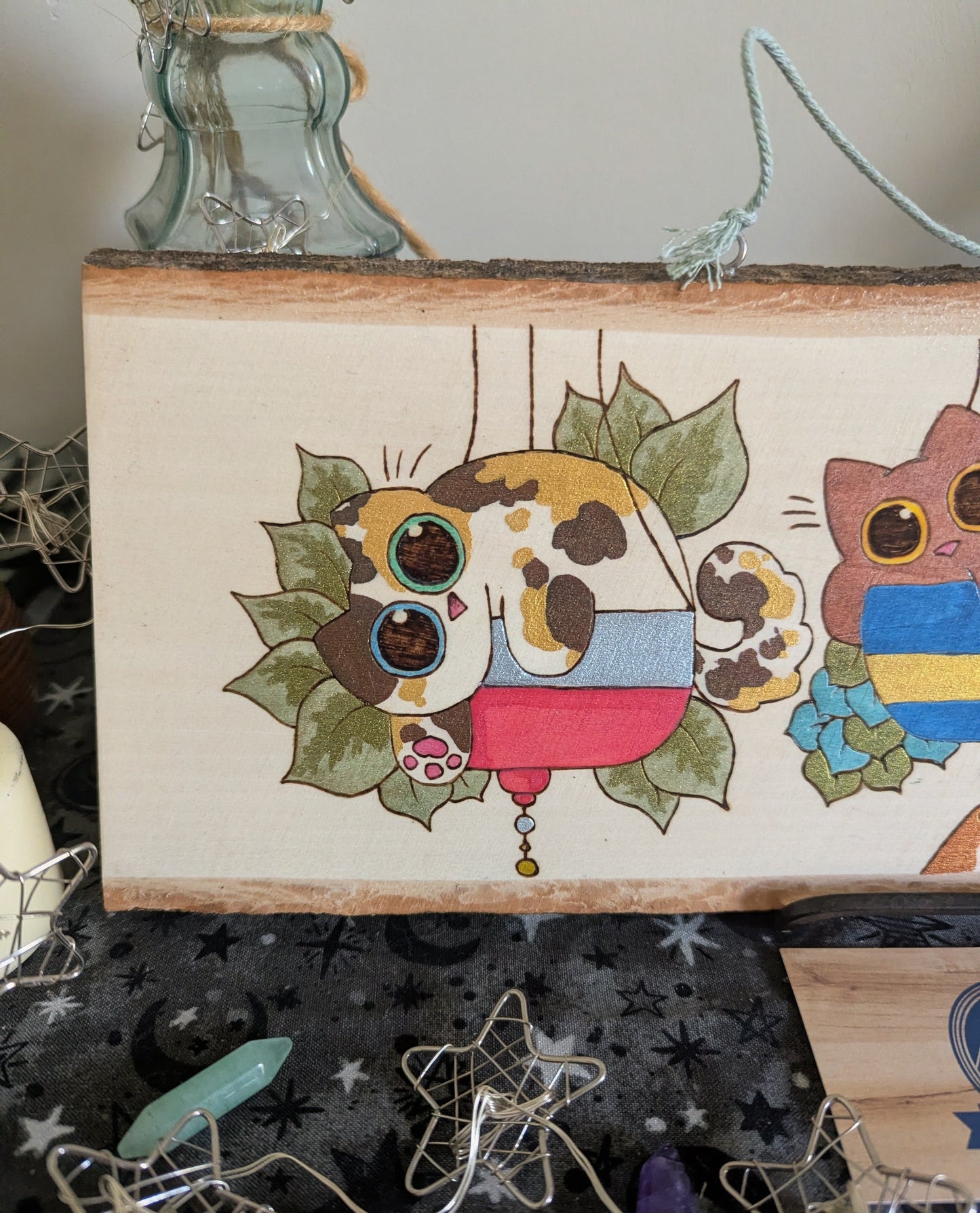 Cats in Plants, the Hanging Cat Trio, Pyrography, Watercolors on Wood, Desk/Wall Art