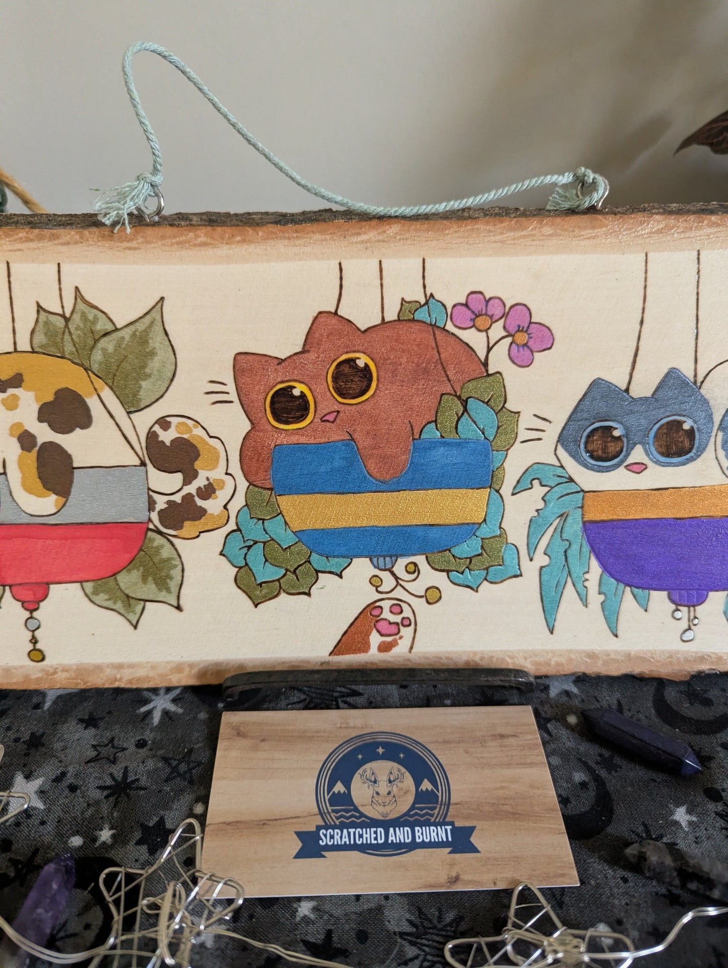 Cats in Plants, the Hanging Cat Trio, Pyrography, Watercolors on Wood, Desk/Wall Art