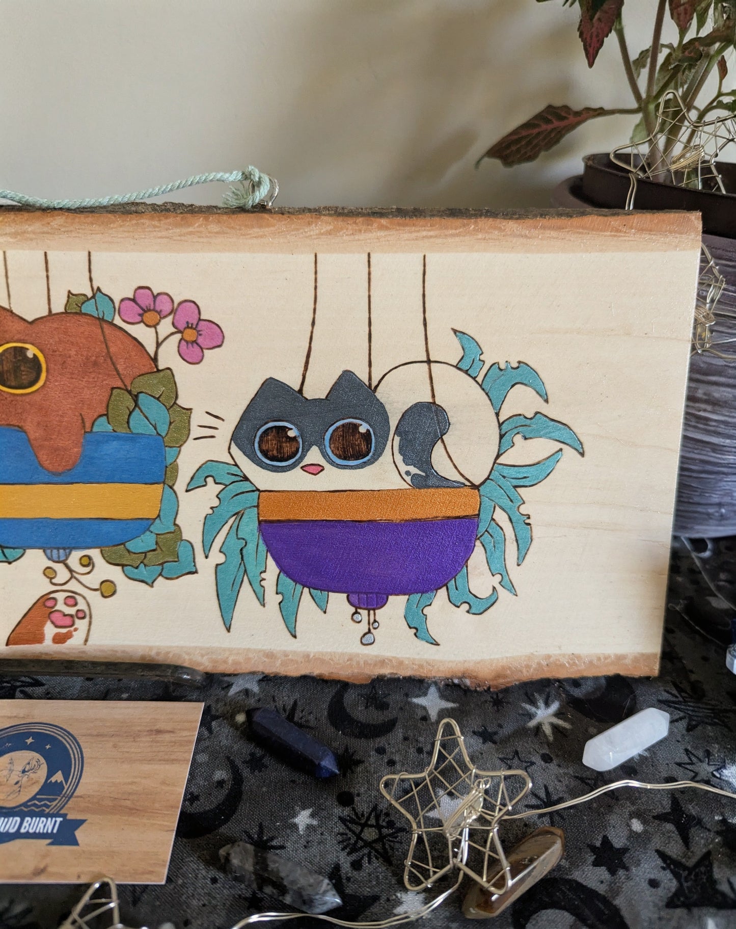 Cats in Plants, the Hanging Cat Trio, Pyrography, Watercolors on Wood, Desk/Wall Art