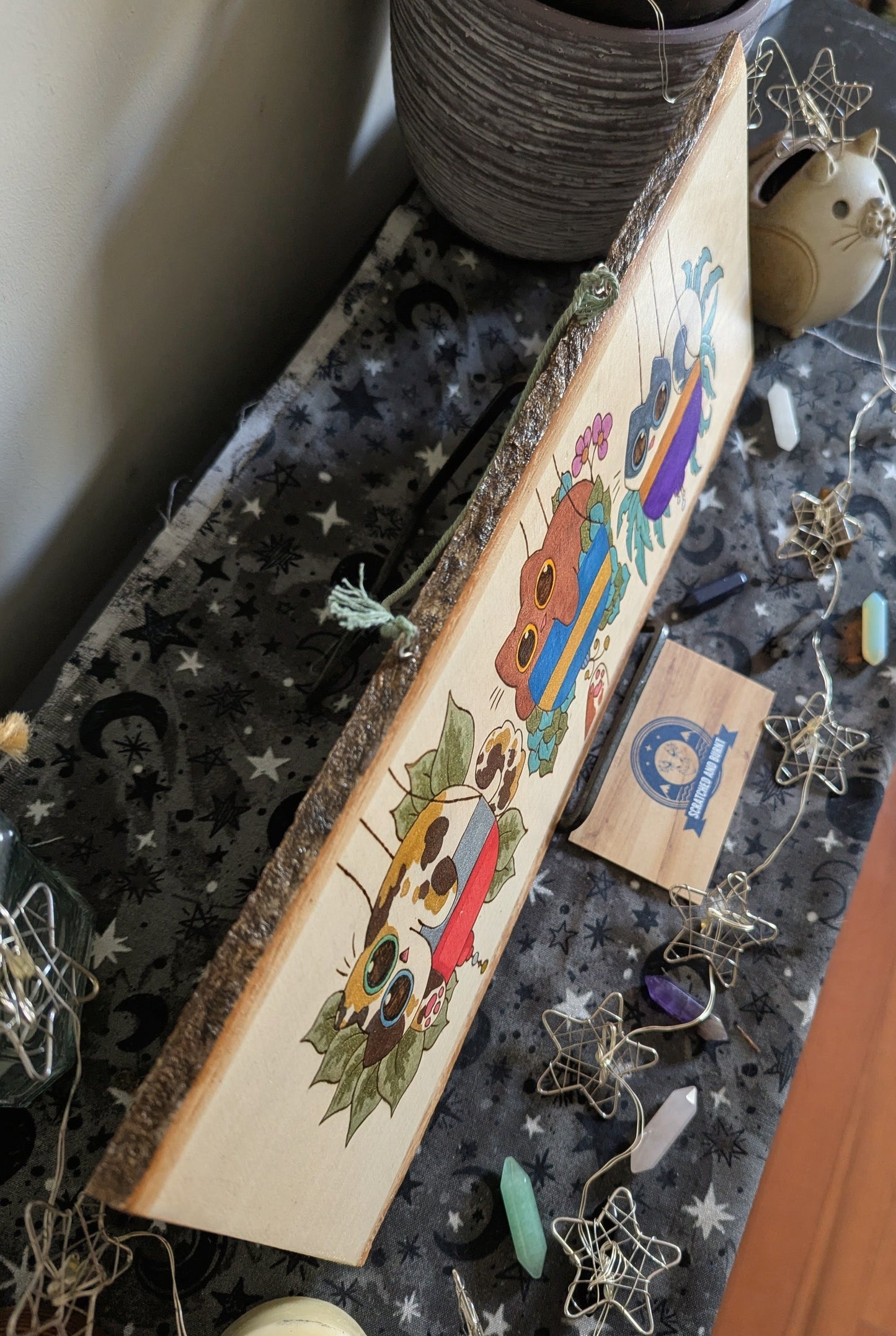 Cats in Plants, the Hanging Cat Trio, Pyrography, Watercolors on Wood, Desk/Wall Art