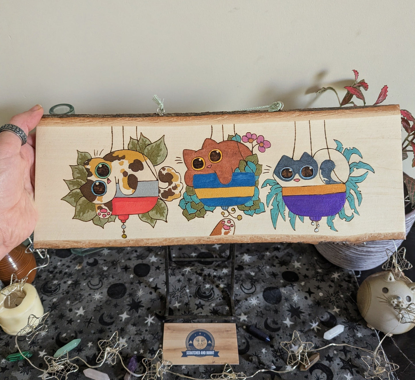 Cats in Plants, the Hanging Cat Trio, Pyrography, Watercolors on Wood, Desk/Wall Art