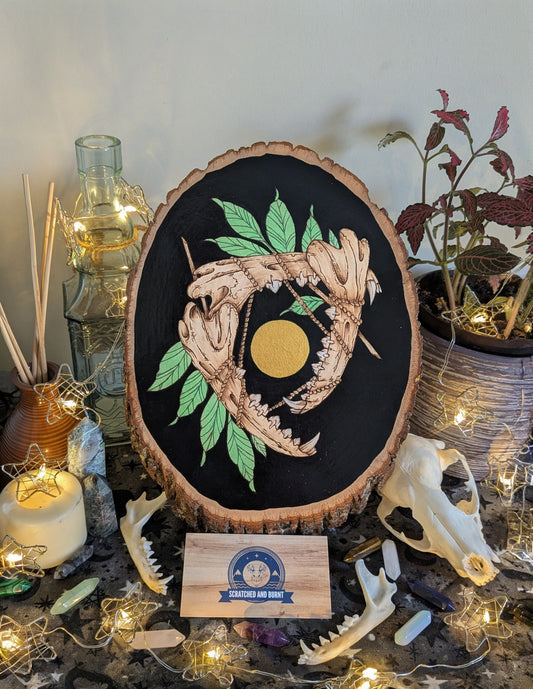 'Teeth, Leaves, and Probably Magic',  Pyrography, Acrylics on Wood, Desk/Wall Art