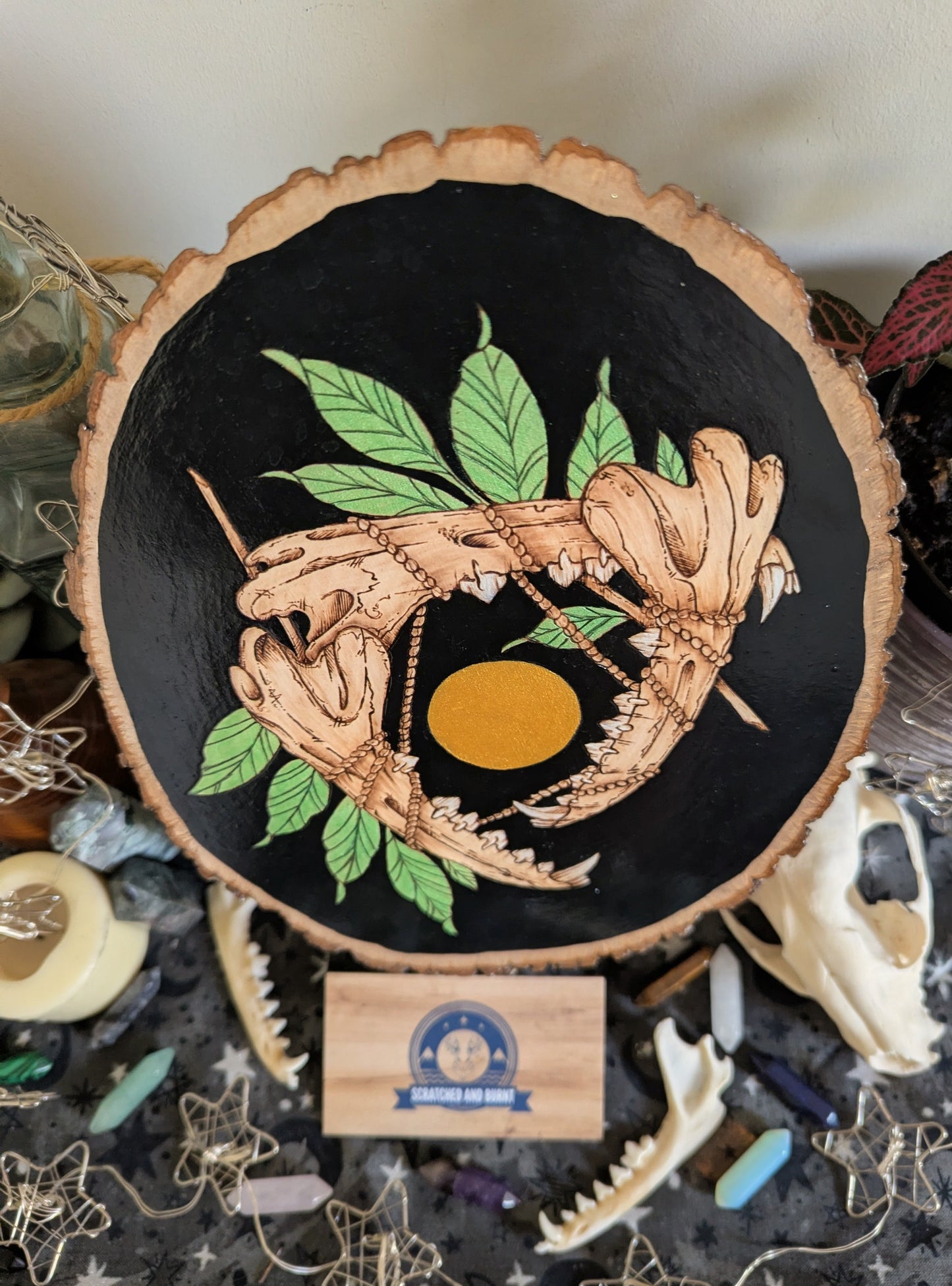 'Teeth, Leaves, and Probably Magic',  Pyrography, Acrylics on Wood, Desk/Wall Art