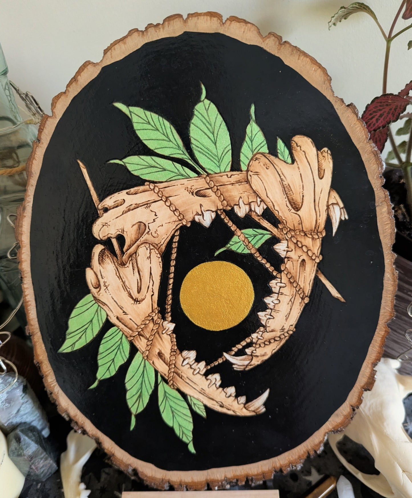 'Teeth, Leaves, and Probably Magic',  Pyrography, Acrylics on Wood, Desk/Wall Art