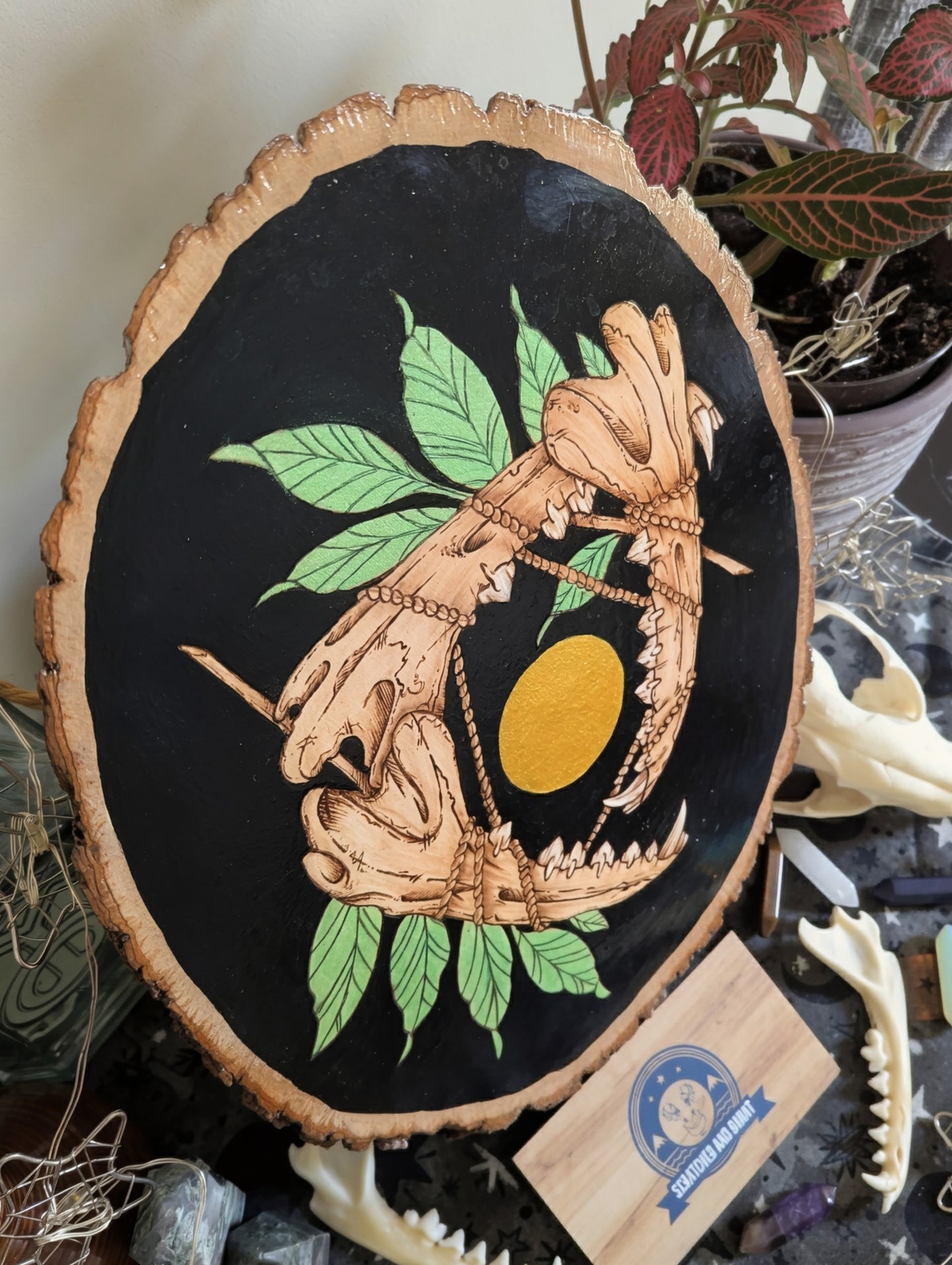 'Teeth, Leaves, and Probably Magic',  Pyrography, Acrylics on Wood, Desk/Wall Art