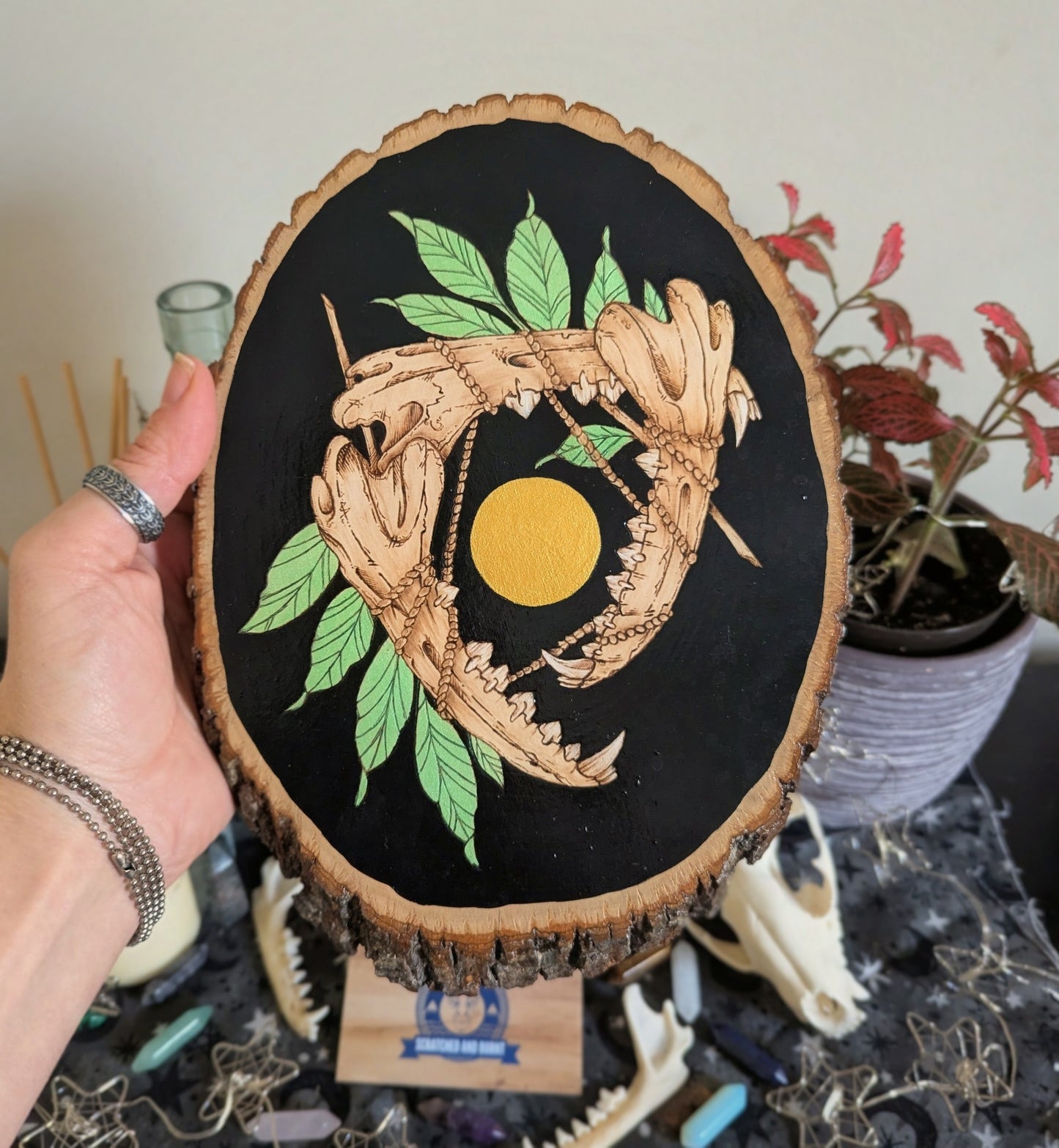 'Teeth, Leaves, and Probably Magic',  Pyrography, Acrylics on Wood, Desk/Wall Art