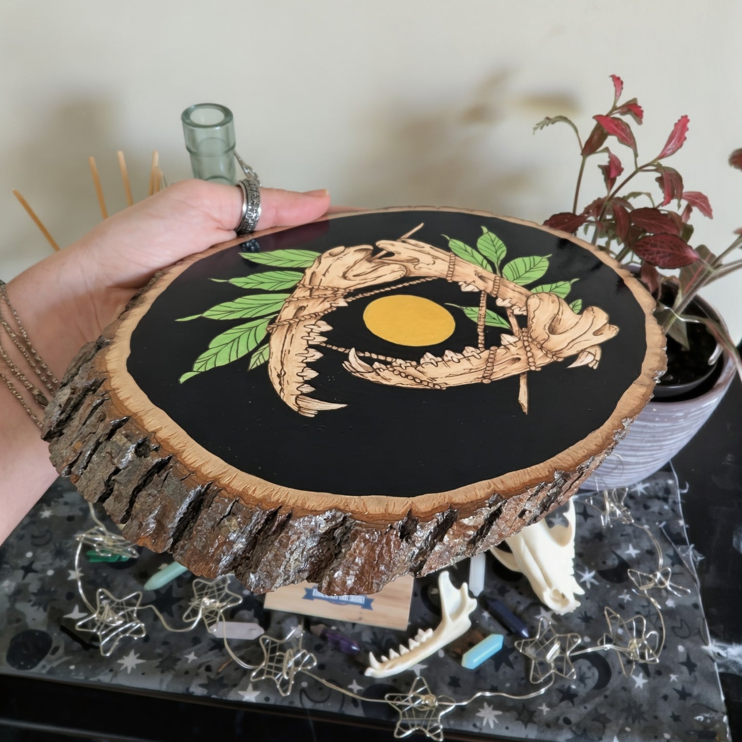 'Teeth, Leaves, and Probably Magic',  Pyrography, Acrylics on Wood, Desk/Wall Art