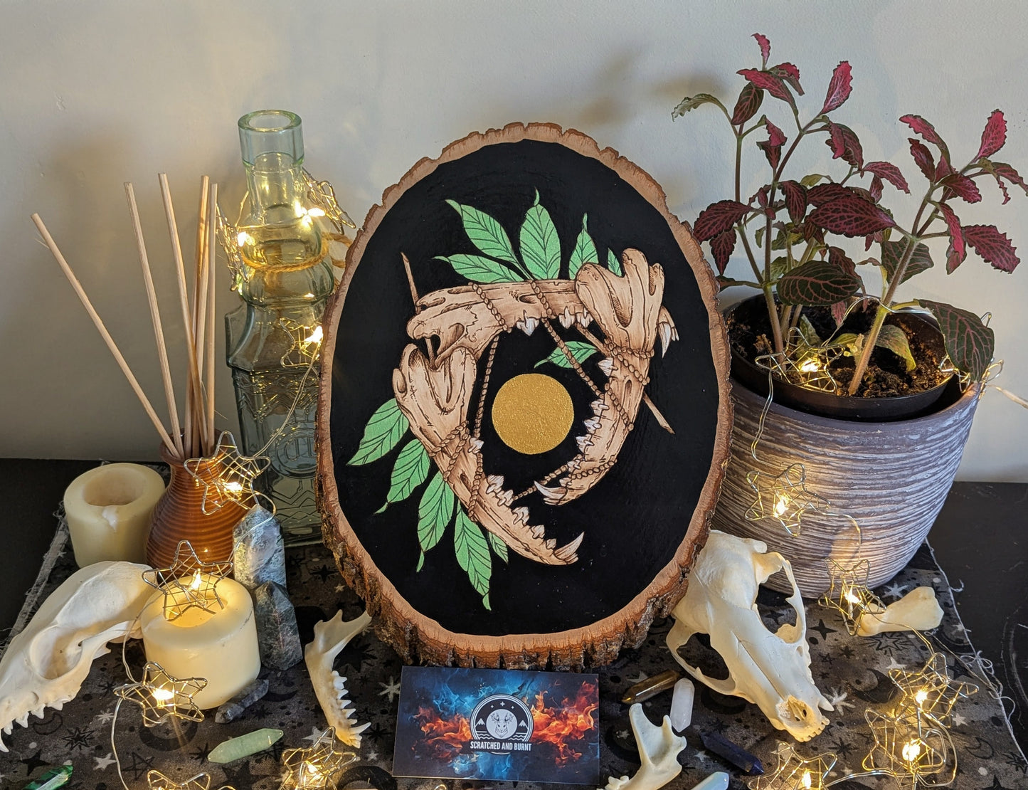 'Teeth, Leaves, and Probably Magic',  Pyrography, Acrylics on Wood, Desk/Wall Art